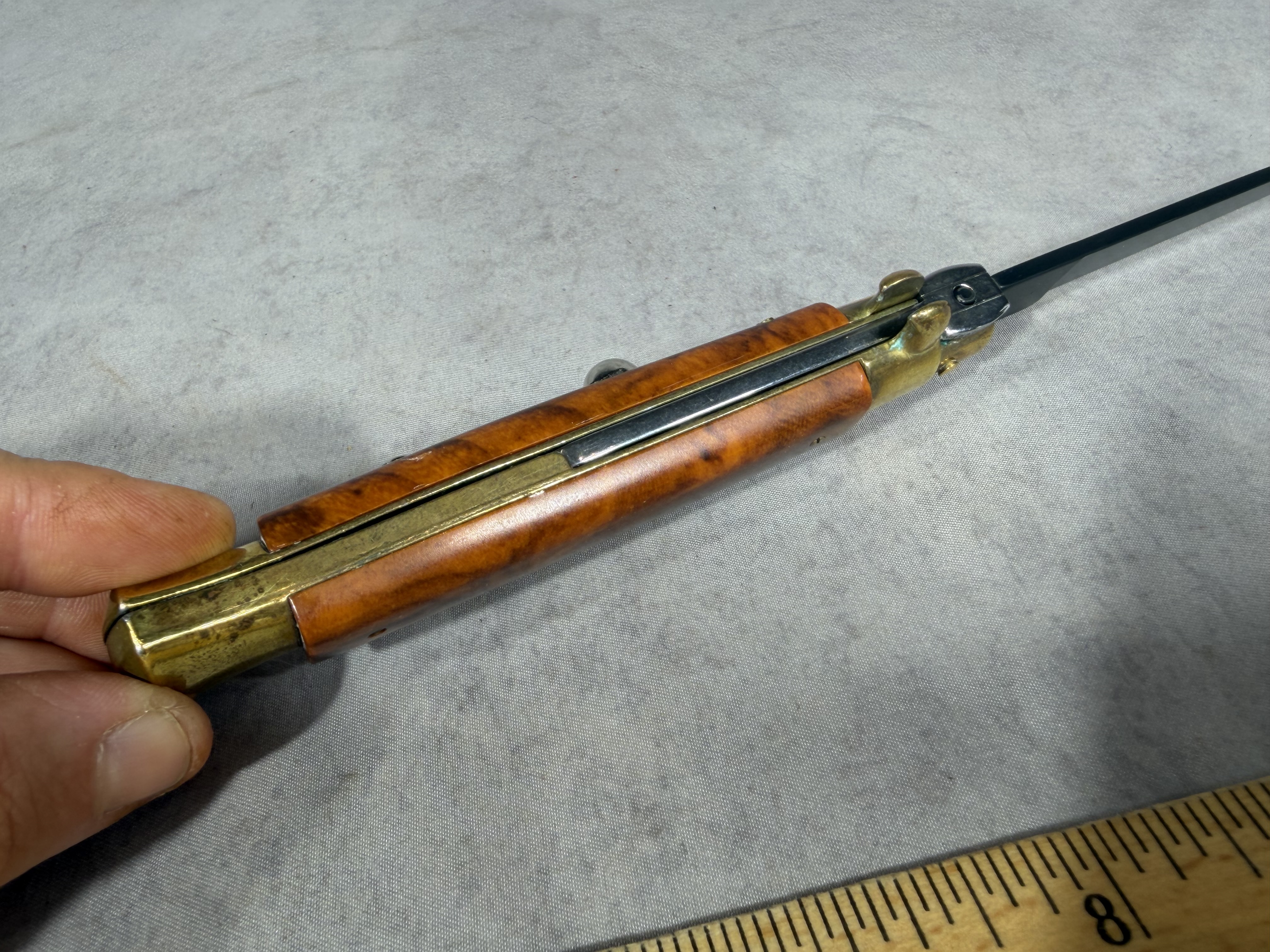 Italian 9 Inch Automatic Stiletto Knife with Burl Wood Scales and Black Bayonet Blade