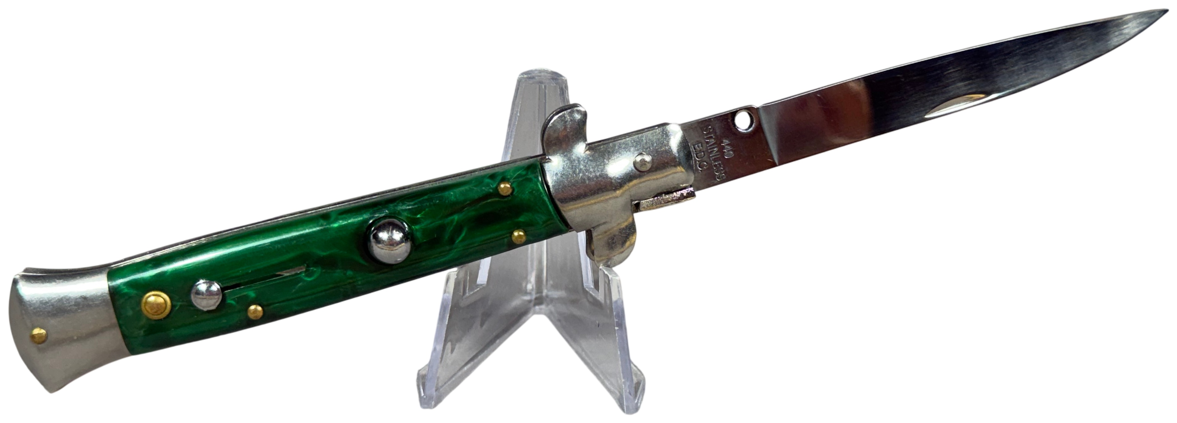 E.D.C. 9-Inch Automatic Stiletto Knife with Green Pearlescent Scales