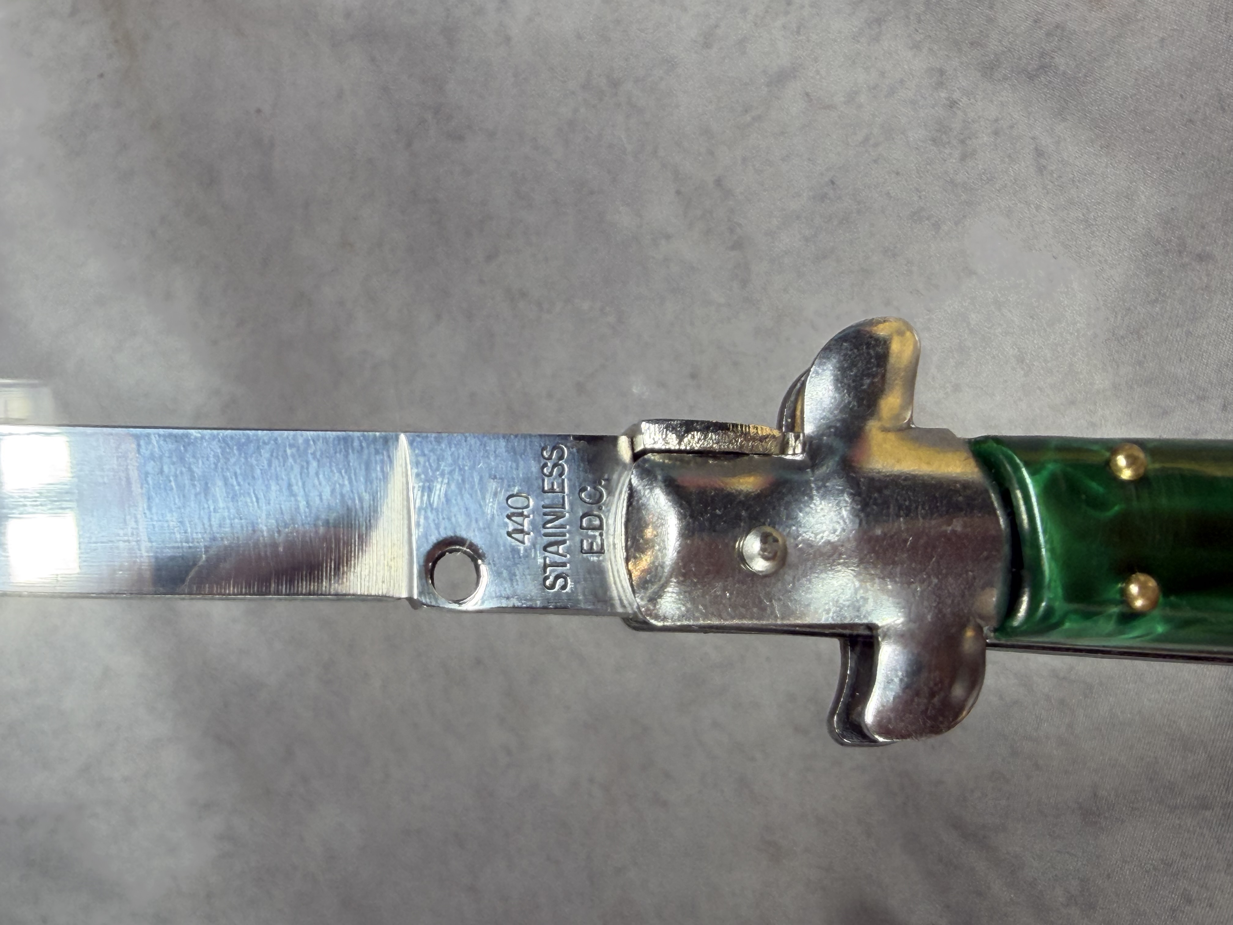 E.D.C. 9-Inch Automatic Stiletto Knife with Green Pearlescent Scales