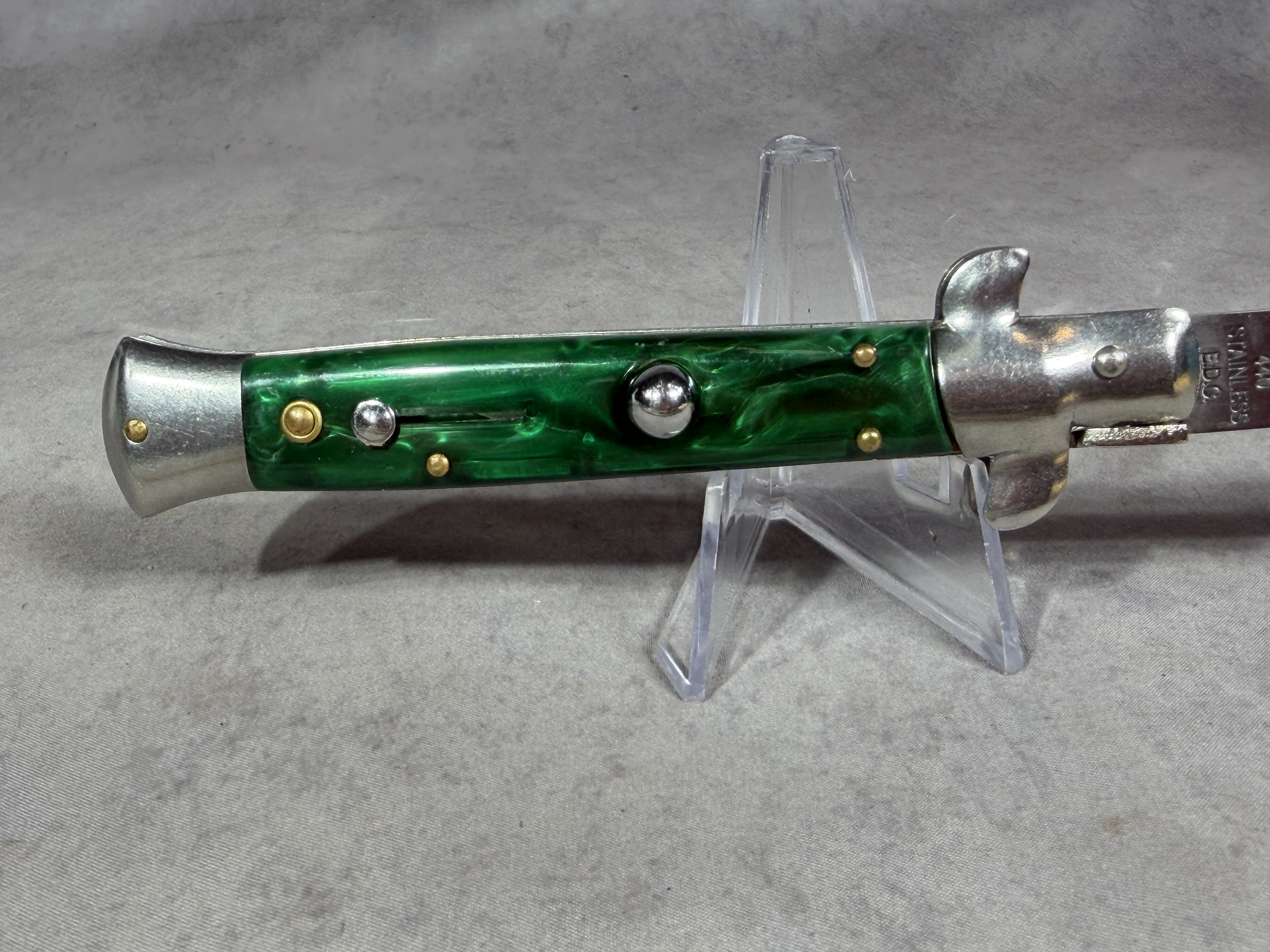 E.D.C. 9-Inch Automatic Stiletto Knife with Green Pearlescent Scales