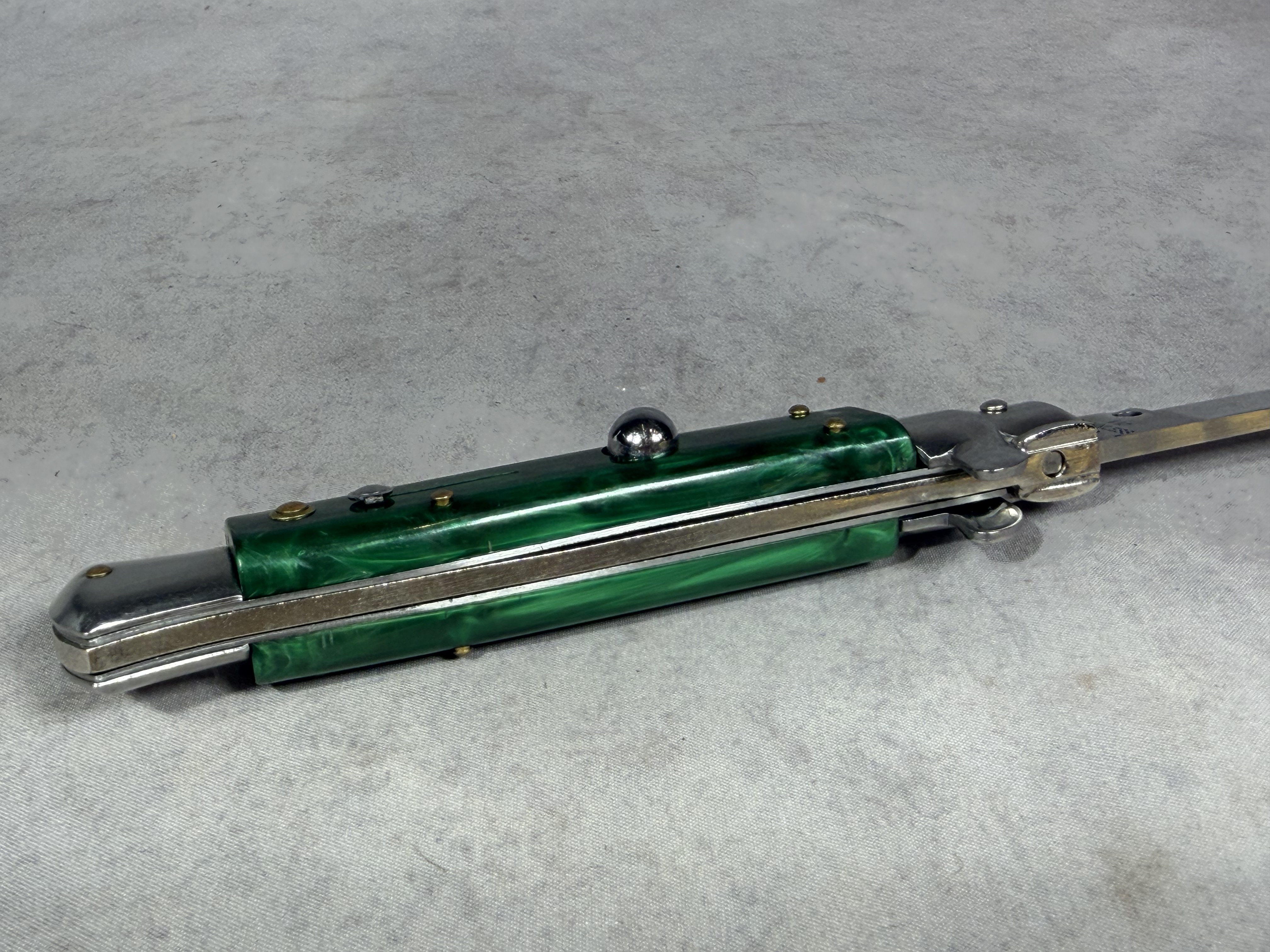 E.D.C. 9-Inch Automatic Stiletto Knife with Green Pearlescent Scales