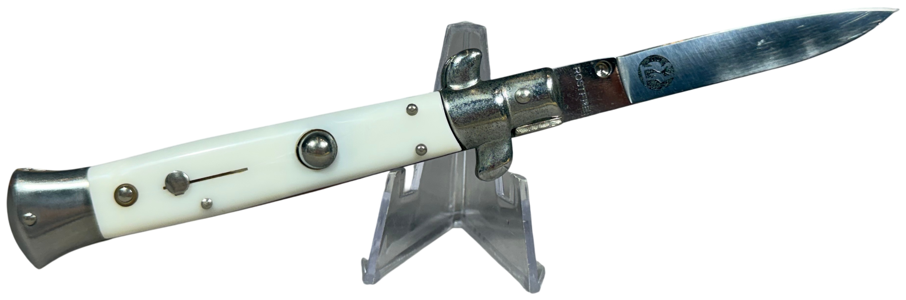 Kissing Crane Italian Style Stiletto Automatic Knife with White Pearloid Handle