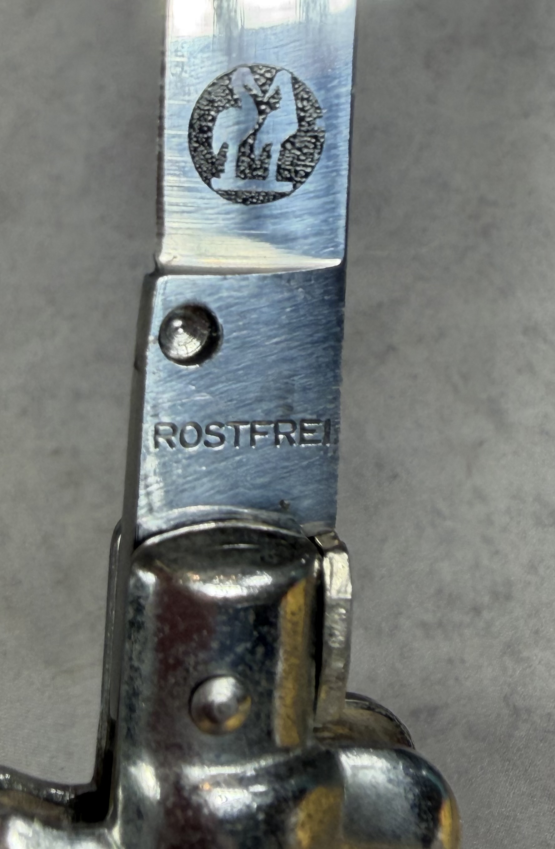 Kissing Crane Italian Style Stiletto Automatic Knife with White Pearloid Handle