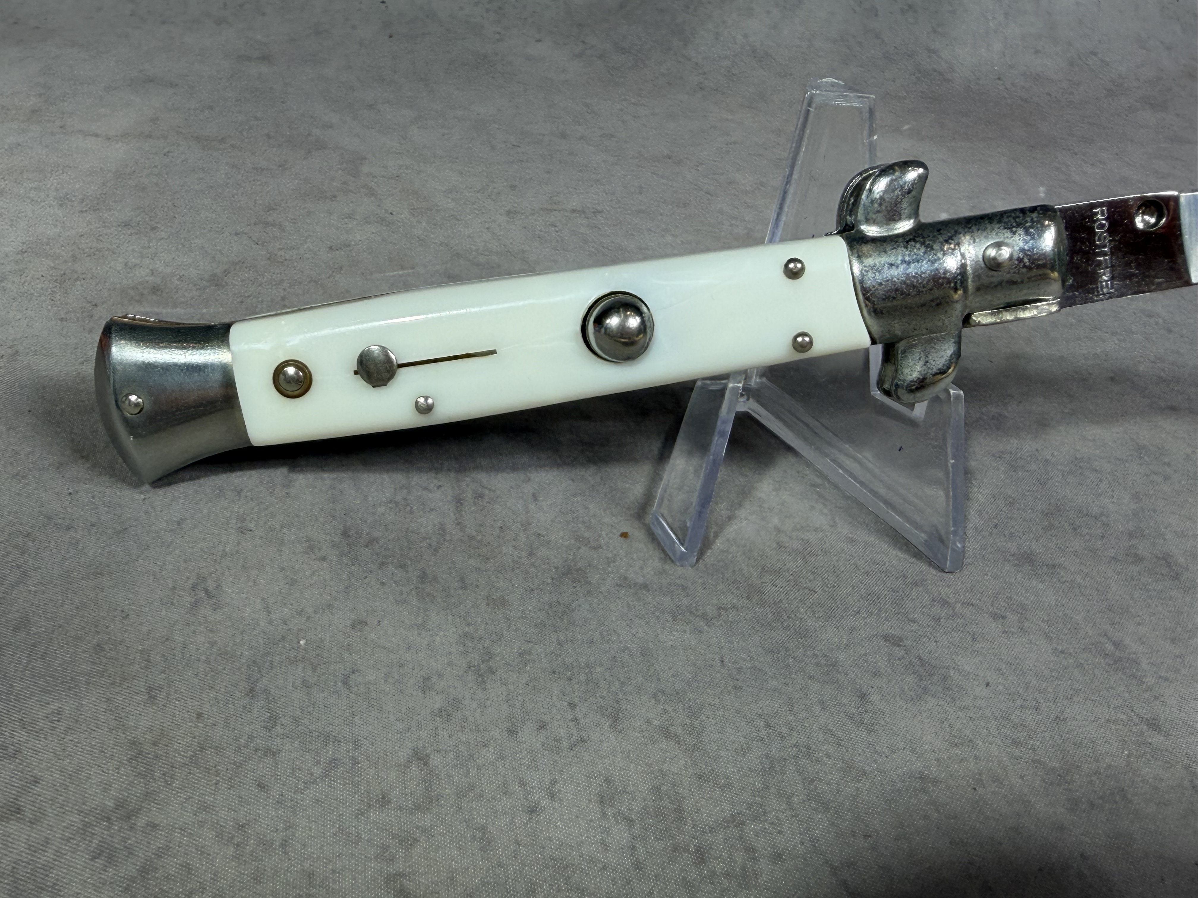 Kissing Crane Italian Style Stiletto Automatic Knife with White Pearloid Handle