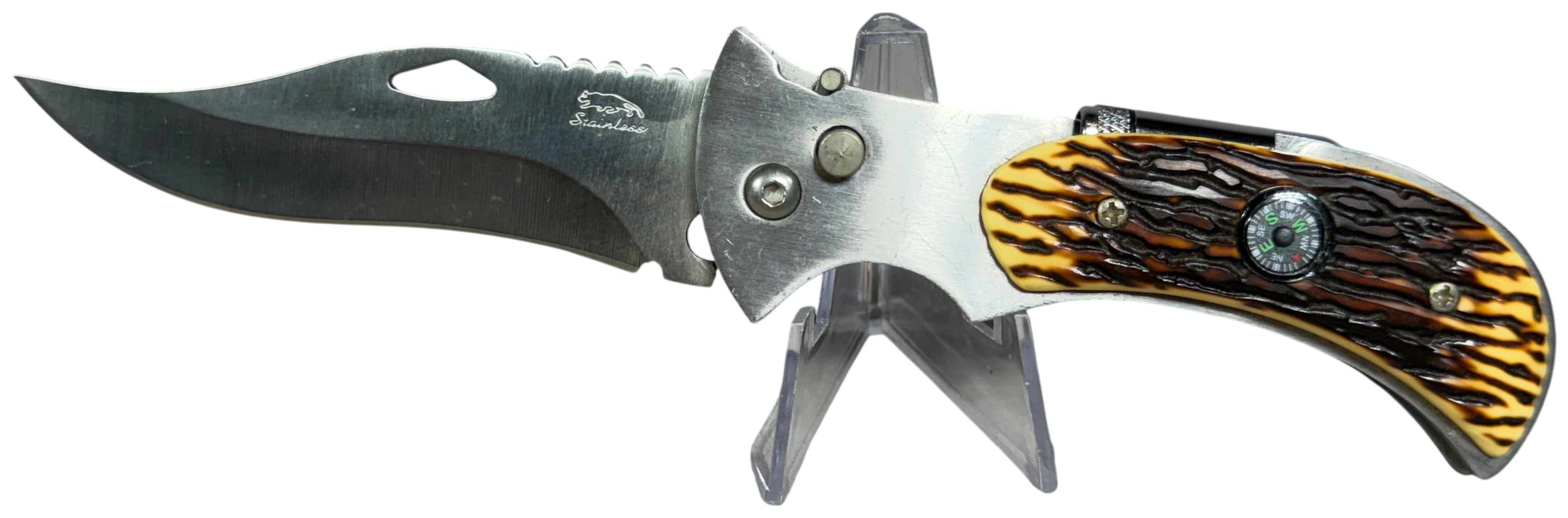 Folding Utility Pocket Knife with Integrated Compass and LED Flashlight