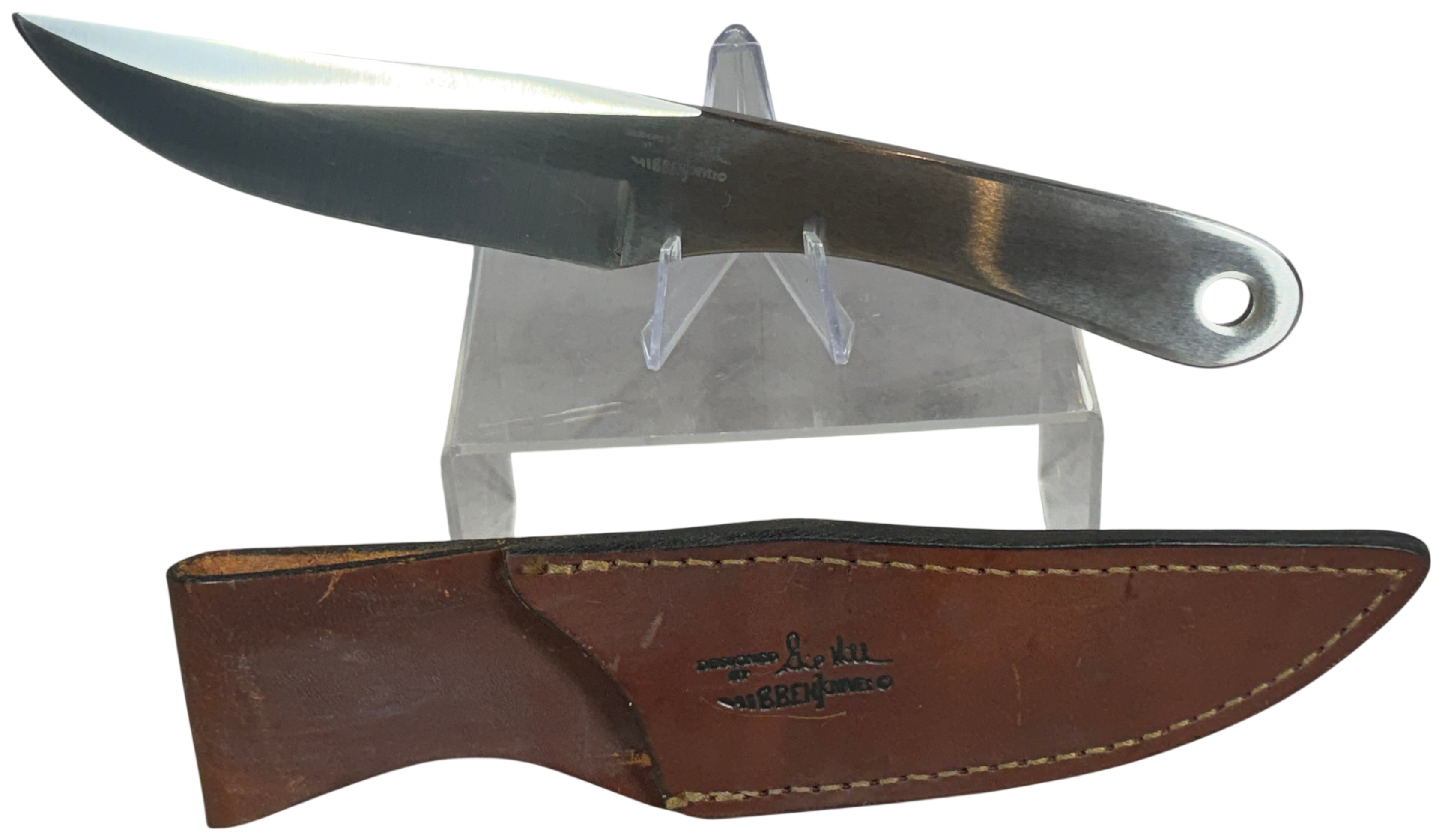 Vintage Gil Hibben United Cutlery UC456 Stainless Steel Throwing Knife with Leather Sheath