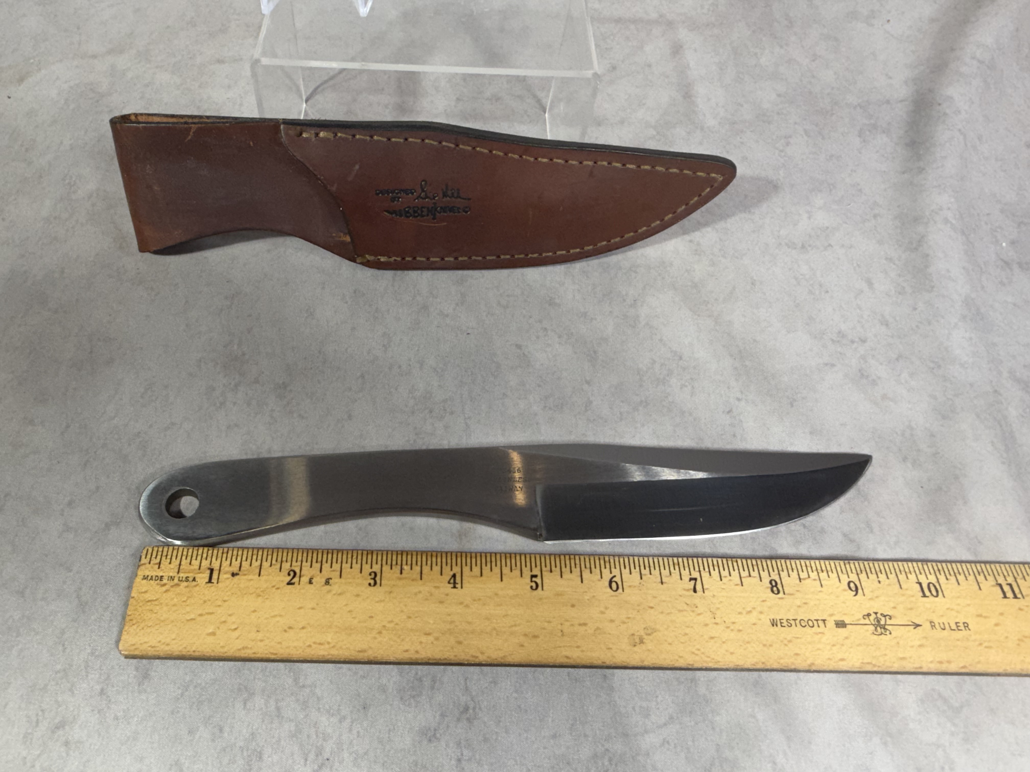 Vintage Gil Hibben United Cutlery UC456 Stainless Steel Throwing Knife with Leather Sheath