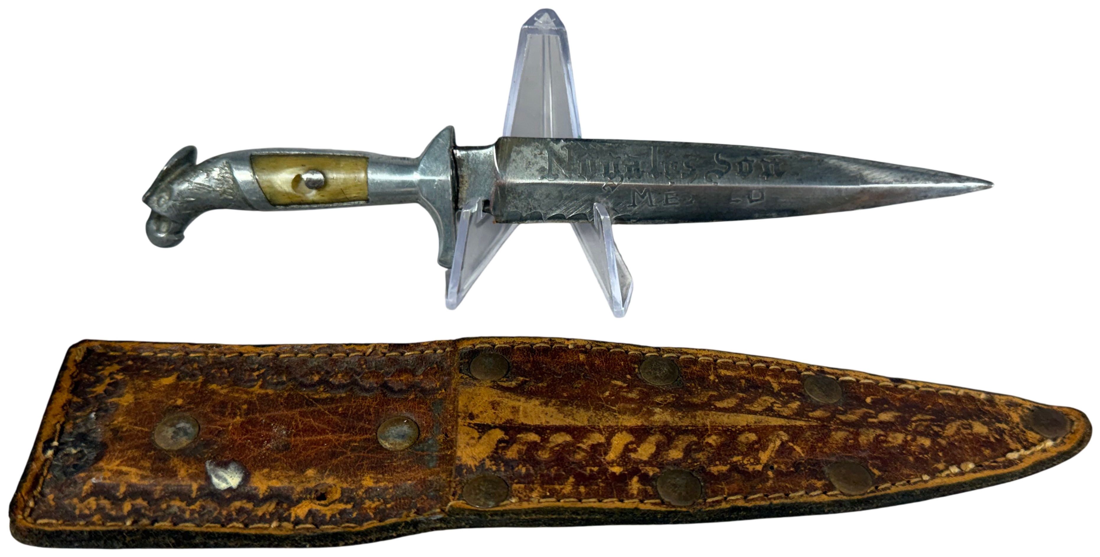Vintage Mexican Eagle Head Pommel Souvenir Dagger with Leather Sheath