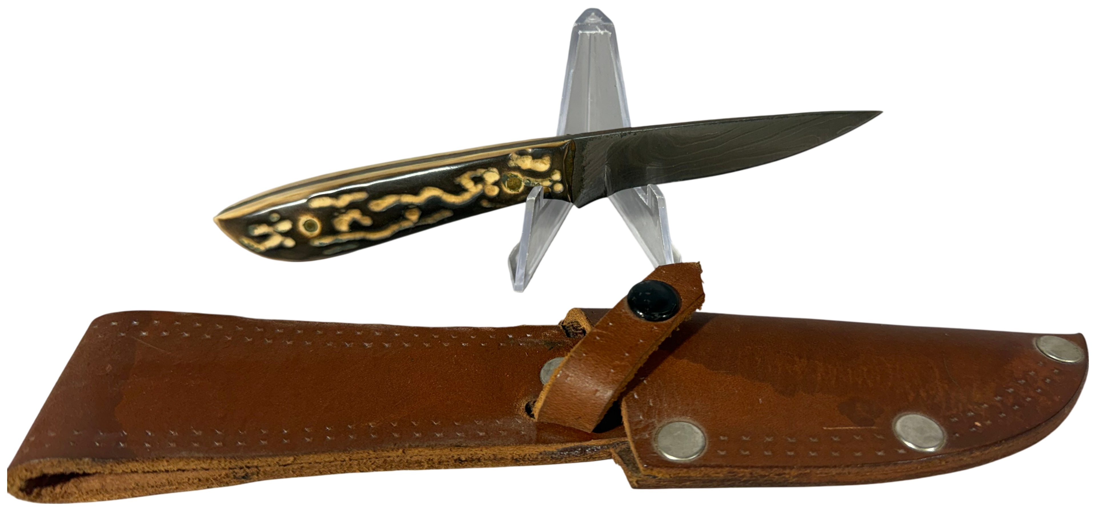 Damascus Steel Fixed Blade Knife with Stag Handle and Leather Sheath