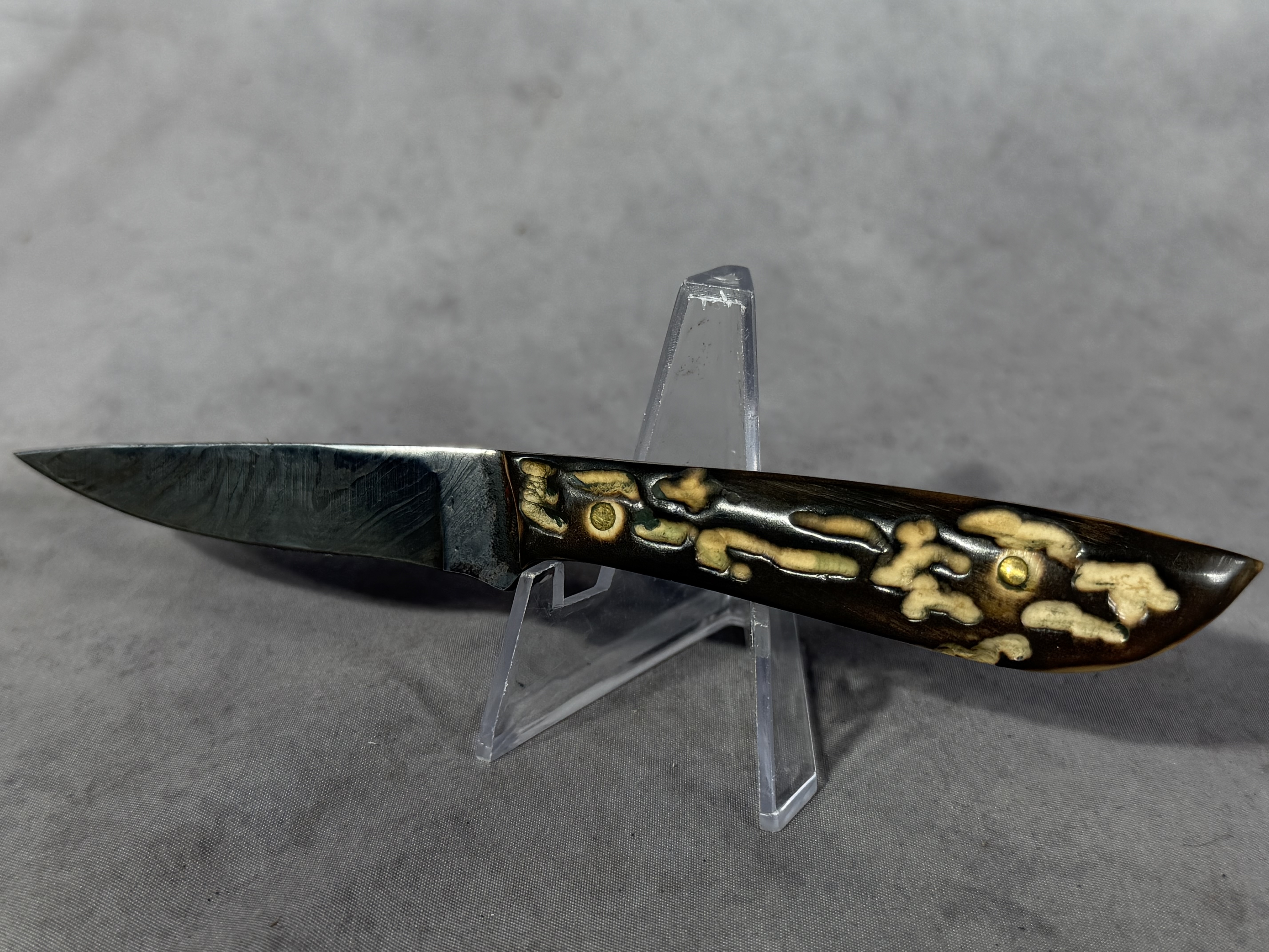 Damascus Steel Fixed Blade Knife with Stag Handle and Leather Sheath