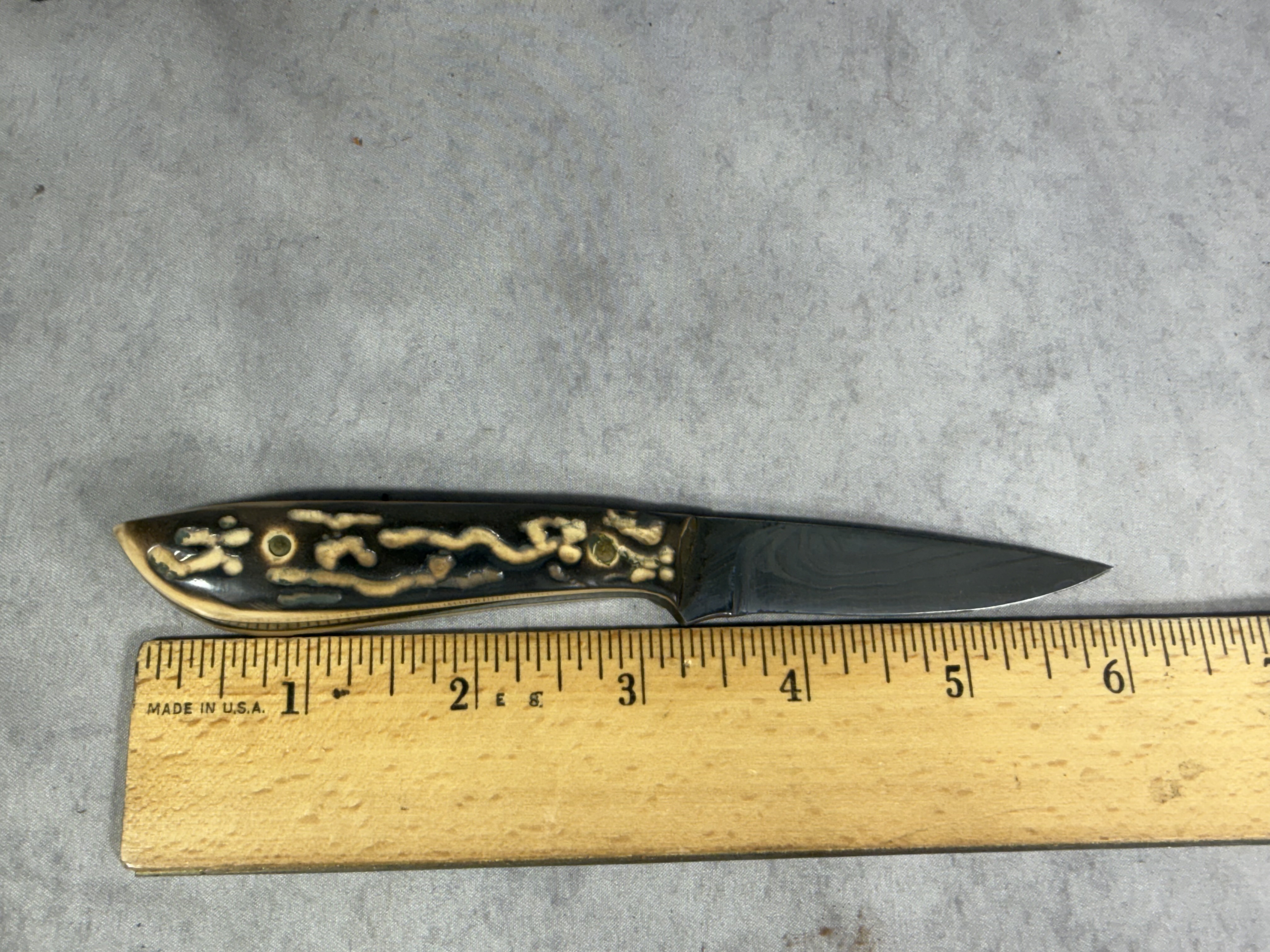 Damascus Steel Fixed Blade Knife with Stag Handle and Leather Sheath