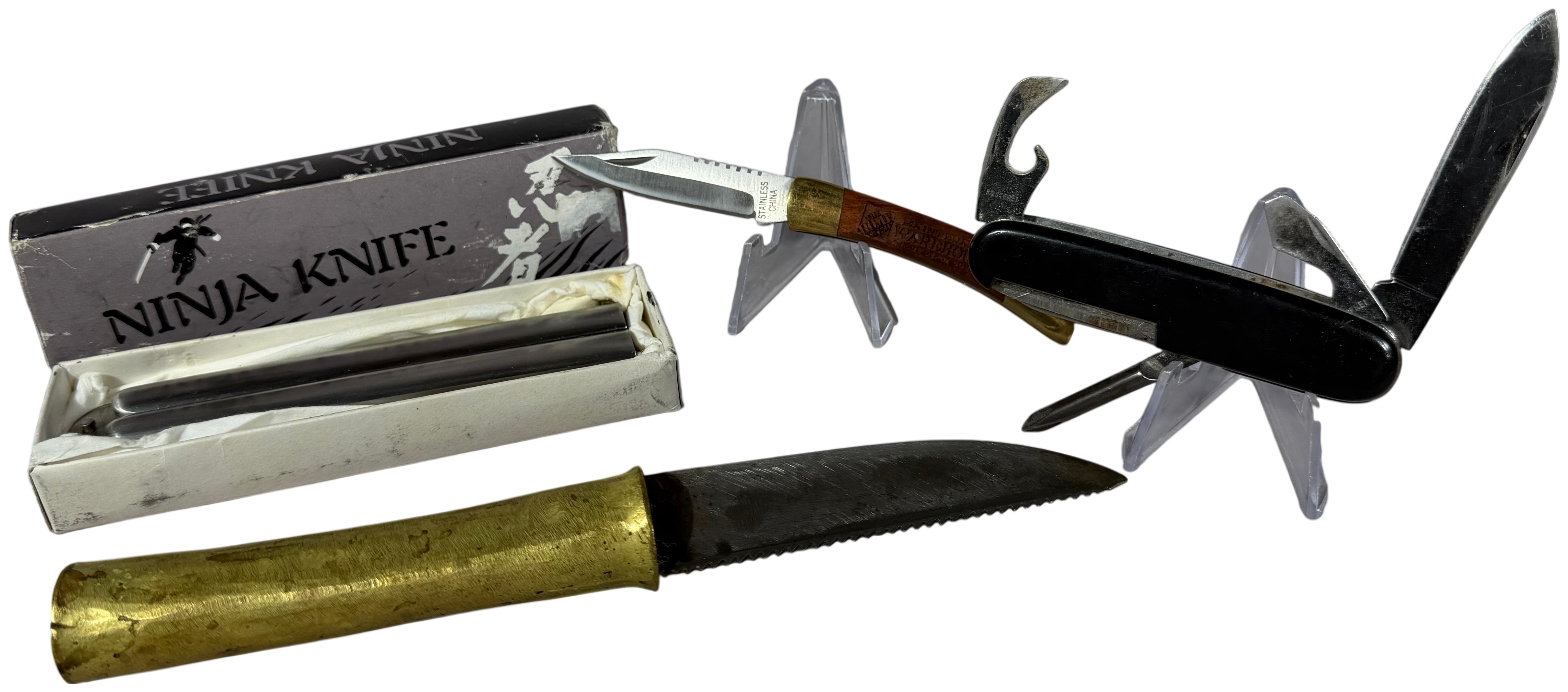 Four Folding and Fixed Blade Knives including Valor Ninja Balisong and Solingen Multi-Tool