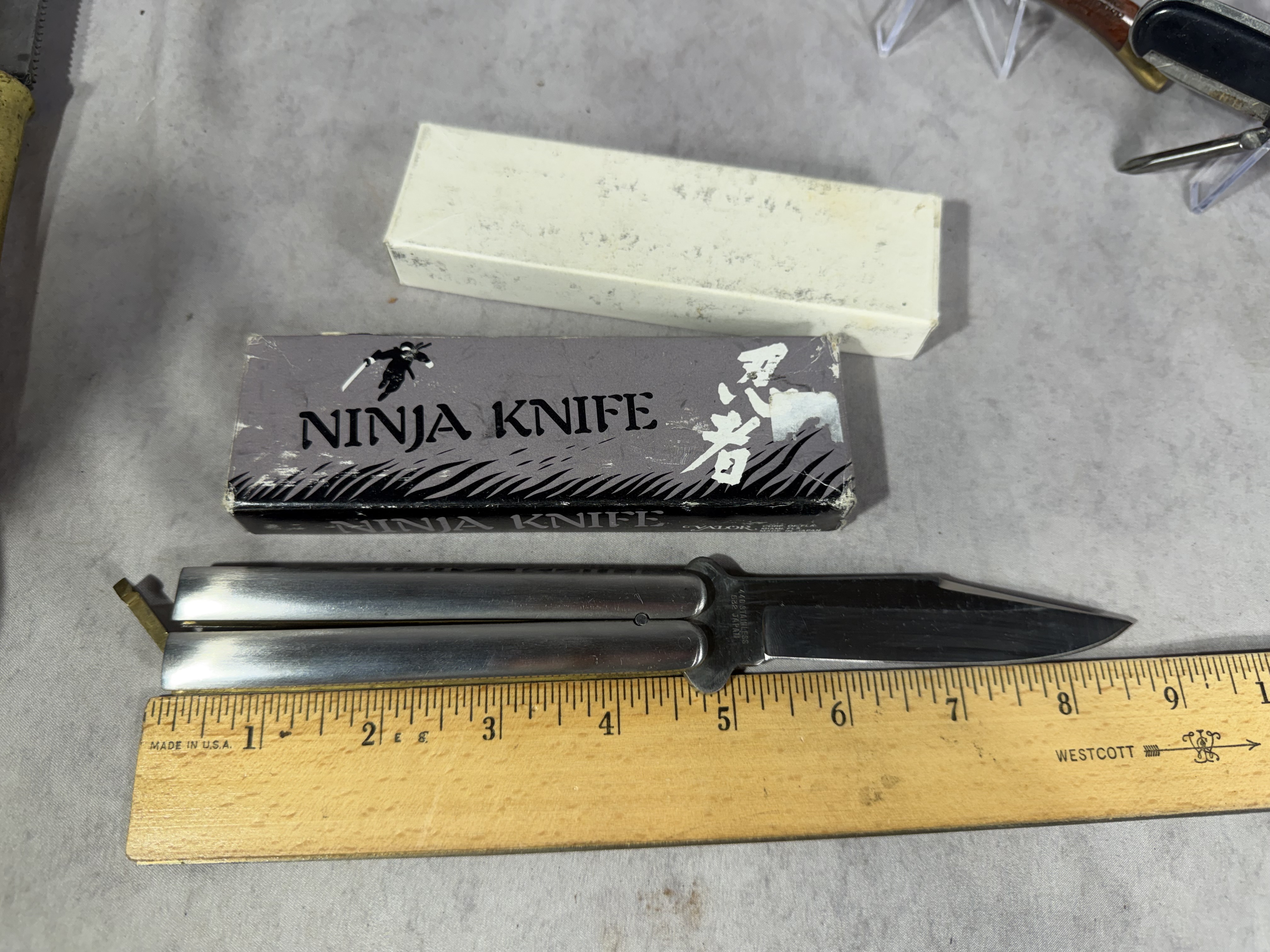 Four Folding and Fixed Blade Knives including Valor Ninja Balisong and Solingen Multi-Tool