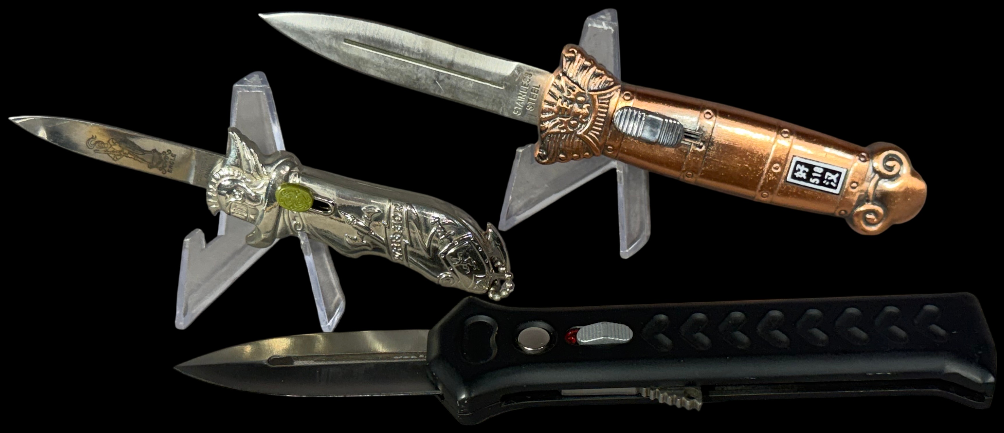 Three OTF Automatic Knives Including Solo Eagle Warrior and Lion Head Models