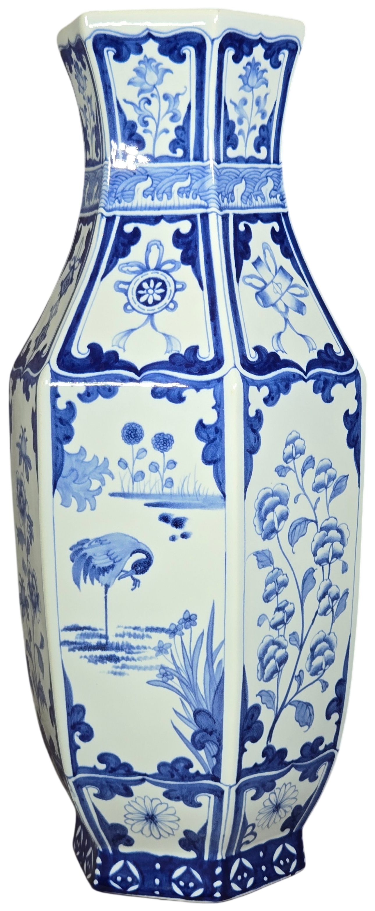 Large Chinese Blue and White Porcelain Hexagonal Baluster Vase