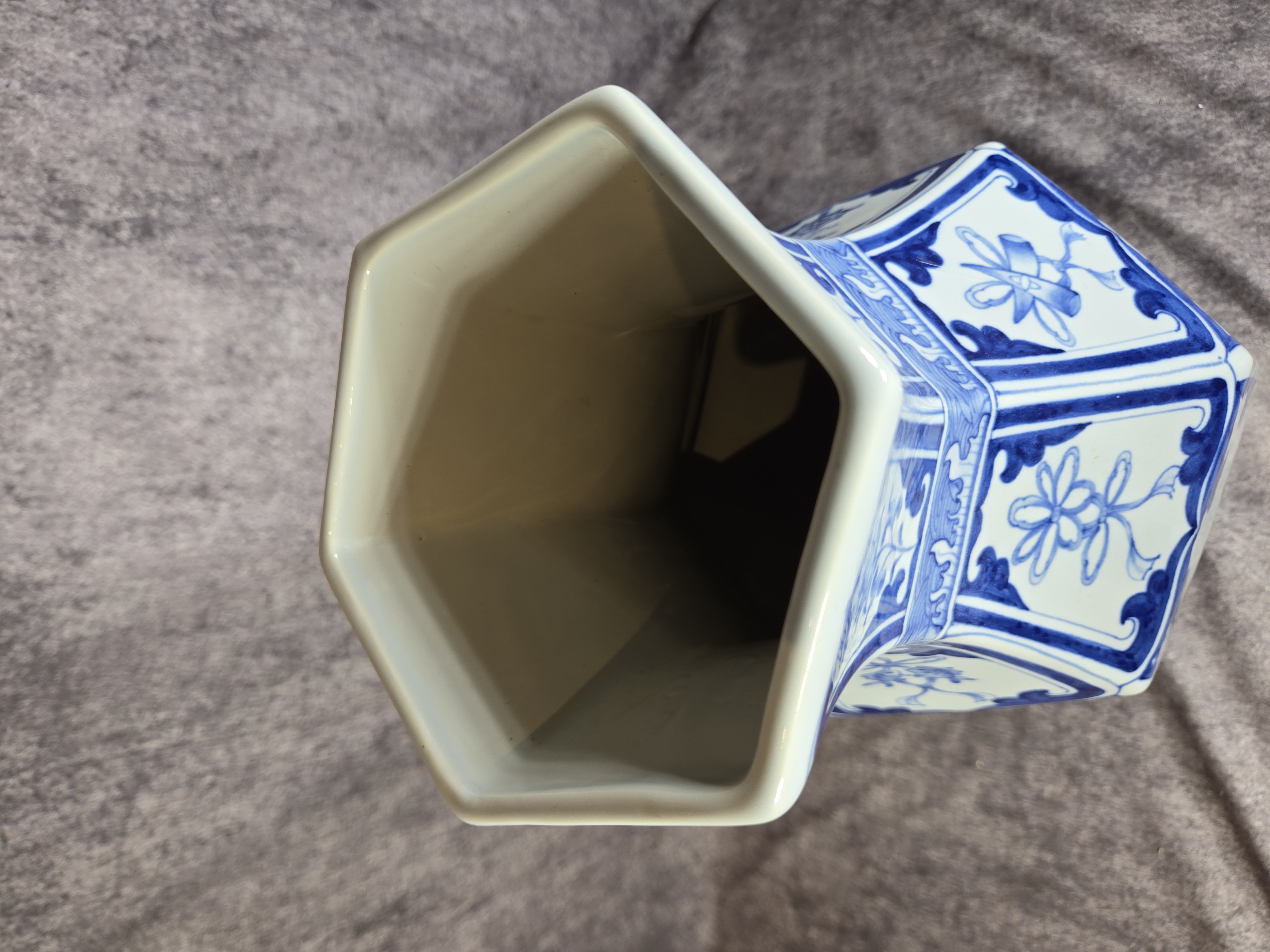 Large Chinese Blue and White Porcelain Hexagonal Baluster Vase