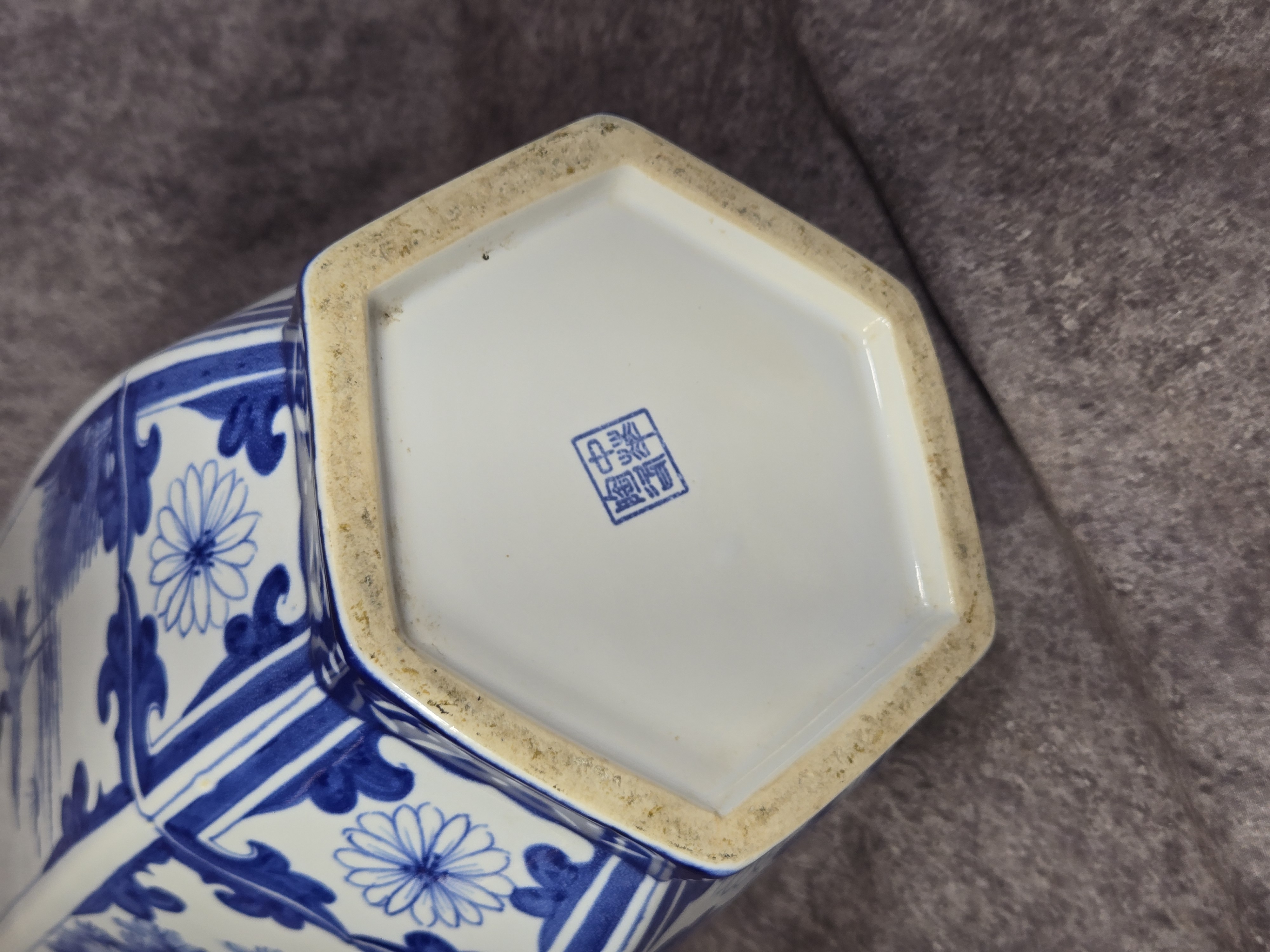 Large Chinese Blue and White Porcelain Hexagonal Baluster Vase