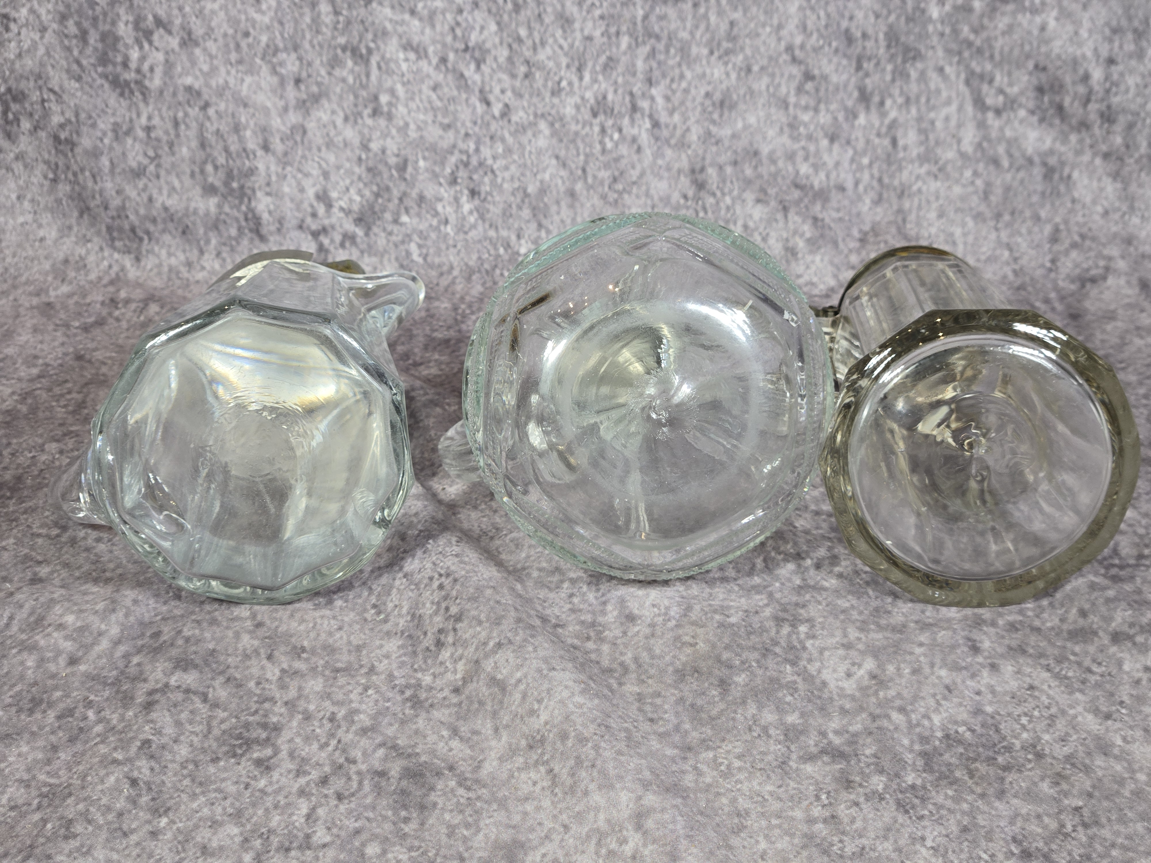 Three Antique Pressed Glass Syrup Pitchers with Metal Lids
