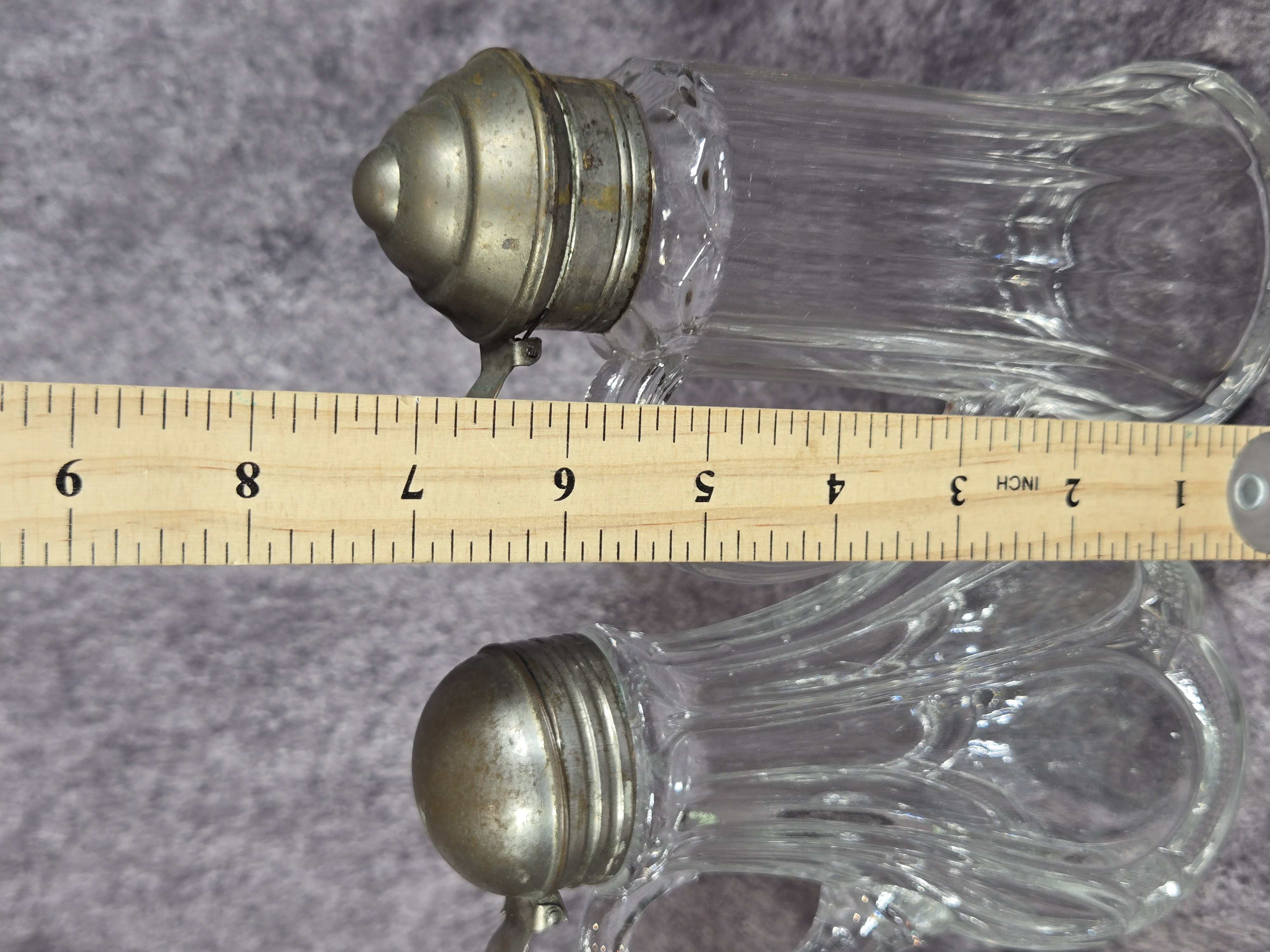 Three Antique Pressed Glass Syrup Pitchers with Metal Lids