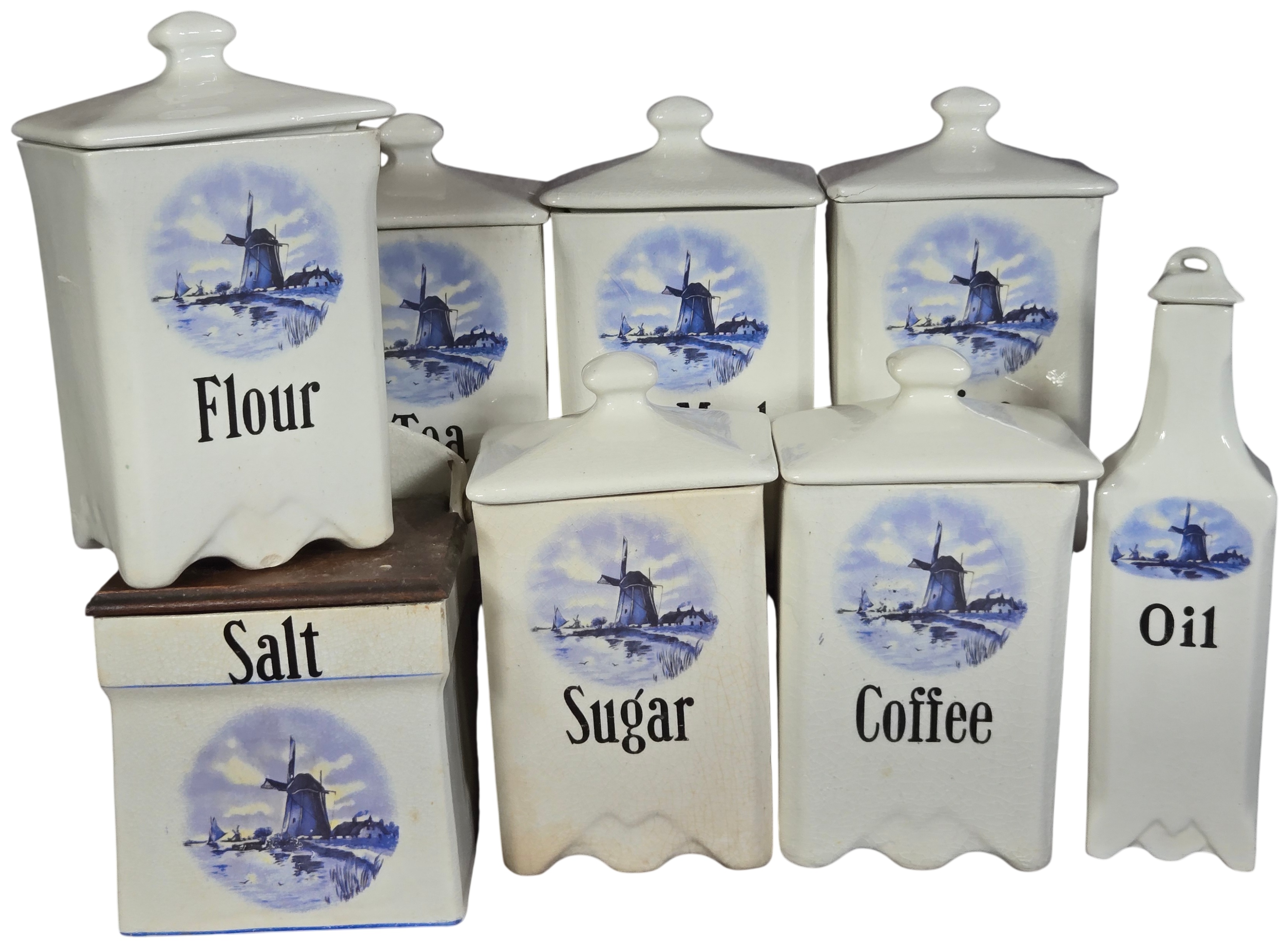A Set of Ceramic Kitchen Storage Vessels with Blue Dutch Windmill Pattern