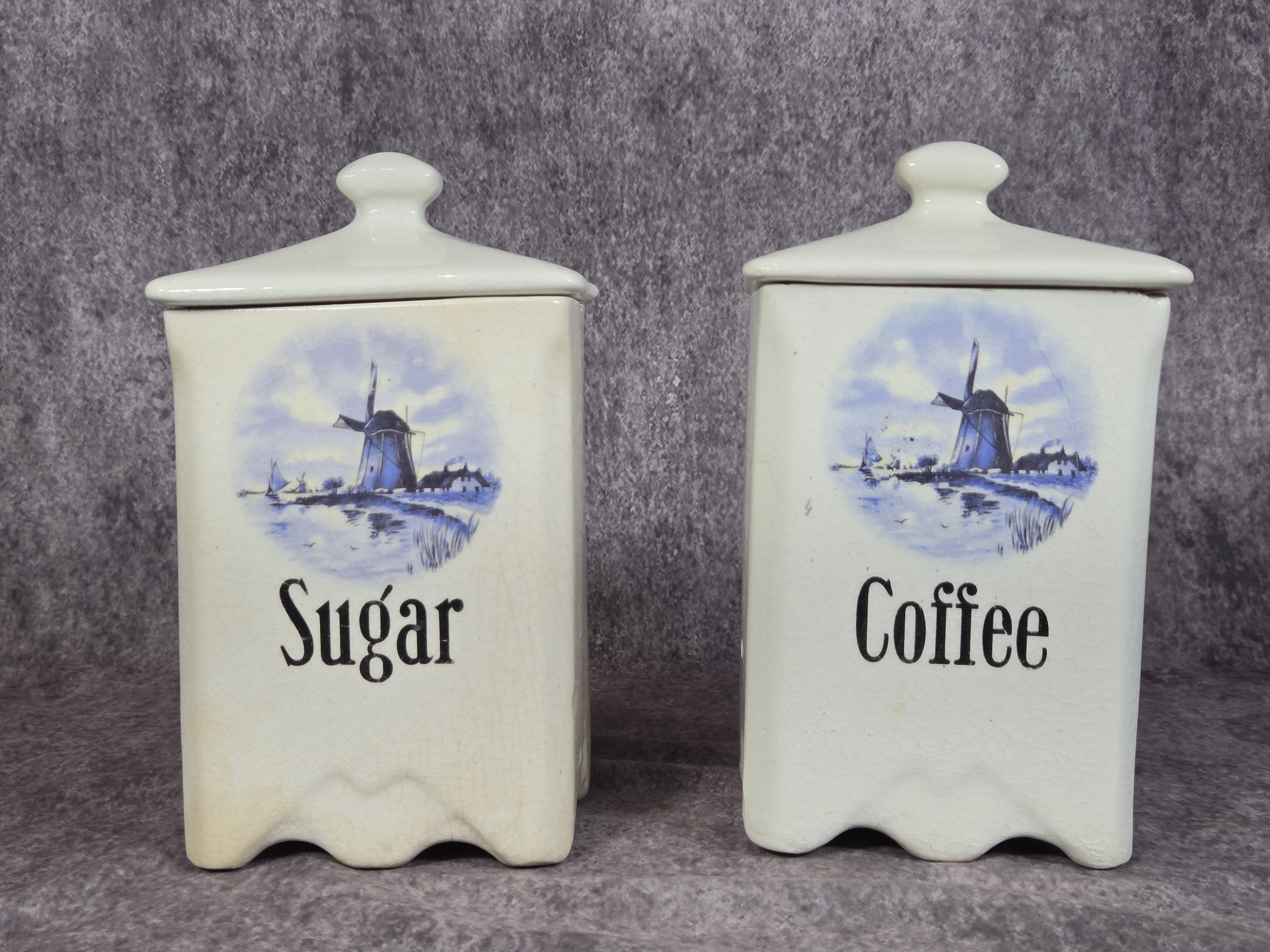 A Set of Ceramic Kitchen Storage Vessels with Blue Dutch Windmill Pattern