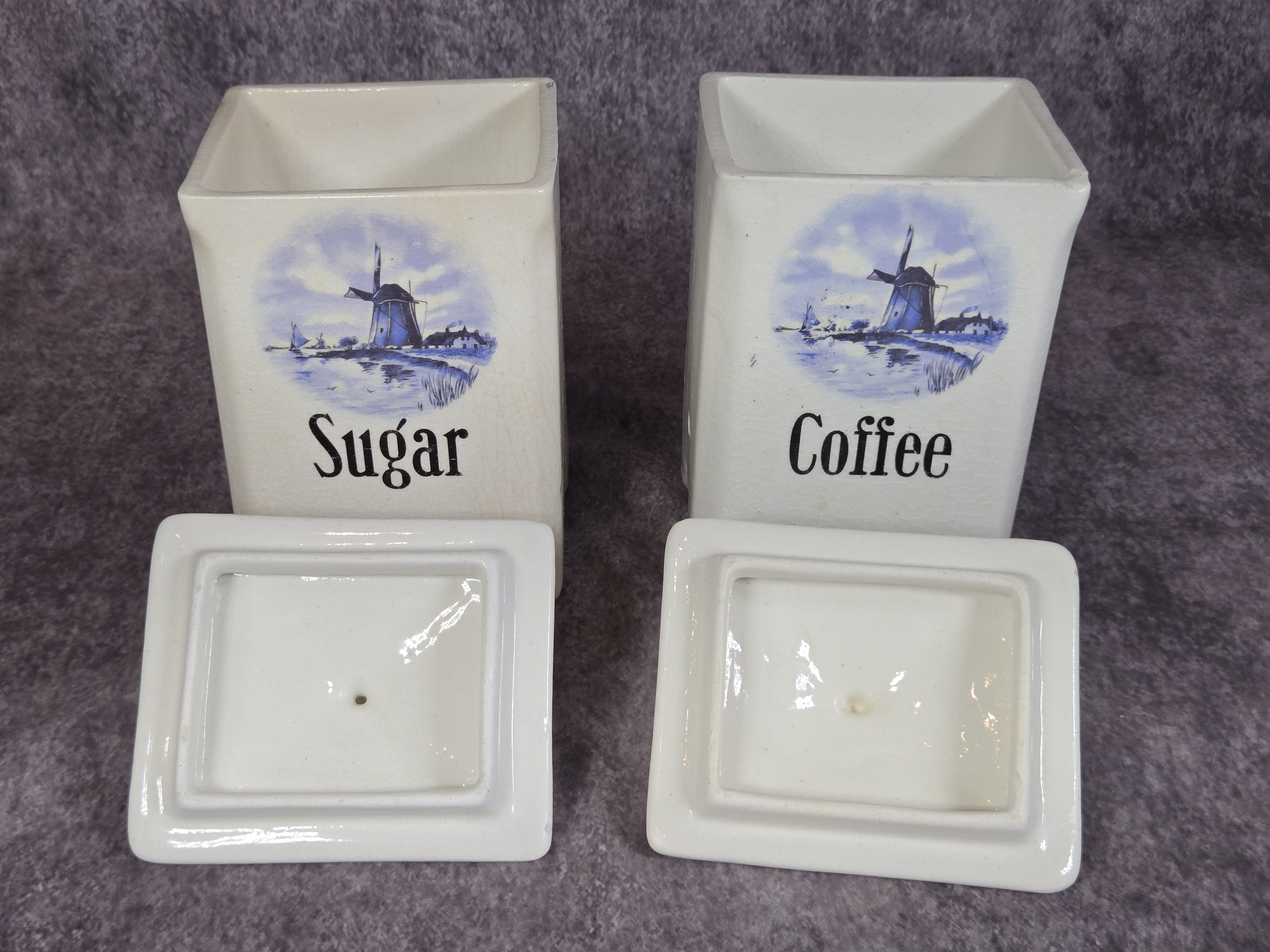 A Set of Ceramic Kitchen Storage Vessels with Blue Dutch Windmill Pattern