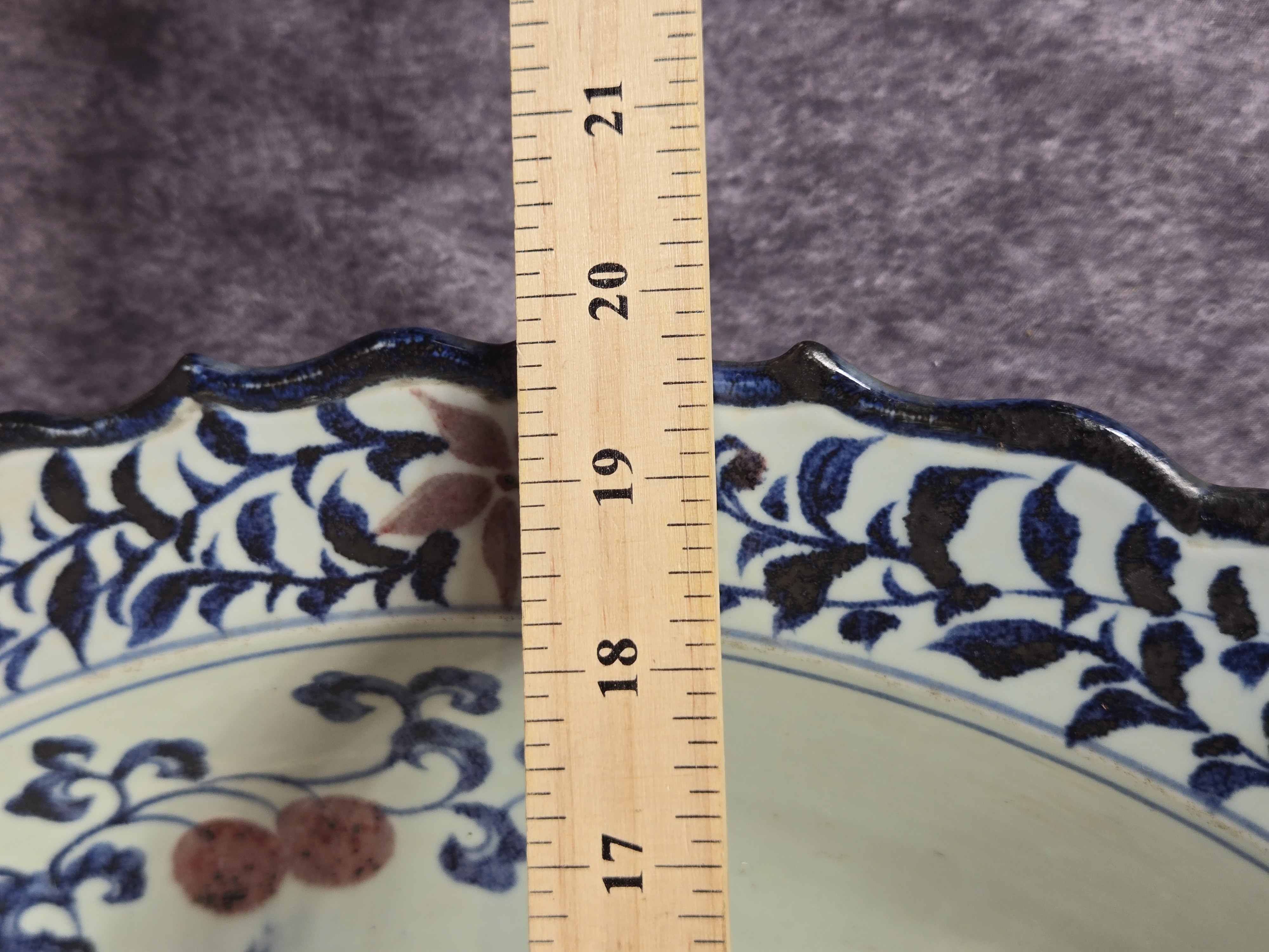 Large Chinese Underglaze Blue and Copper Red Foliated Porcelain Charger