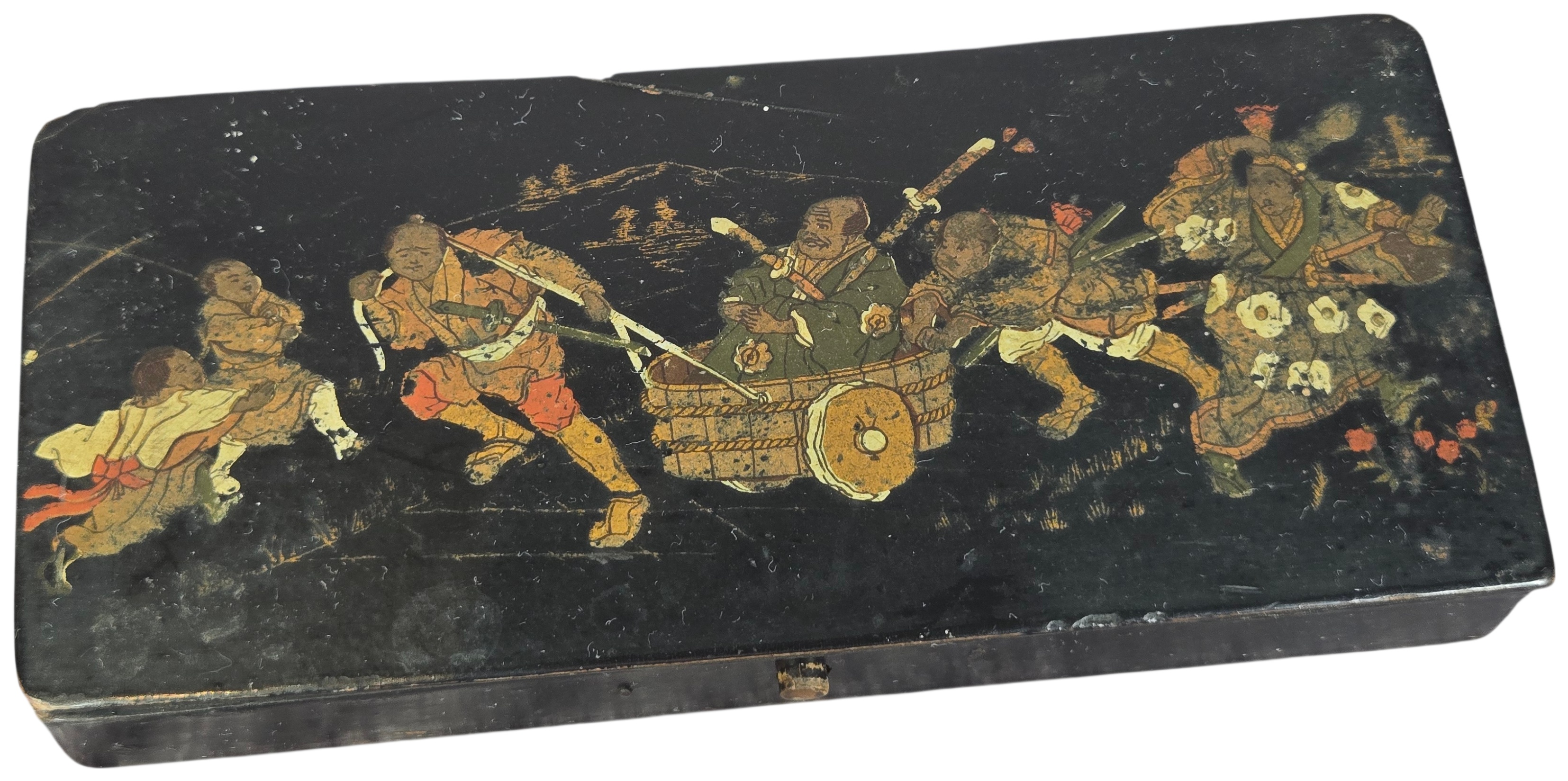 Late Edo to Meiji Period Japanese Black Lacquer Narrative Stationery Box