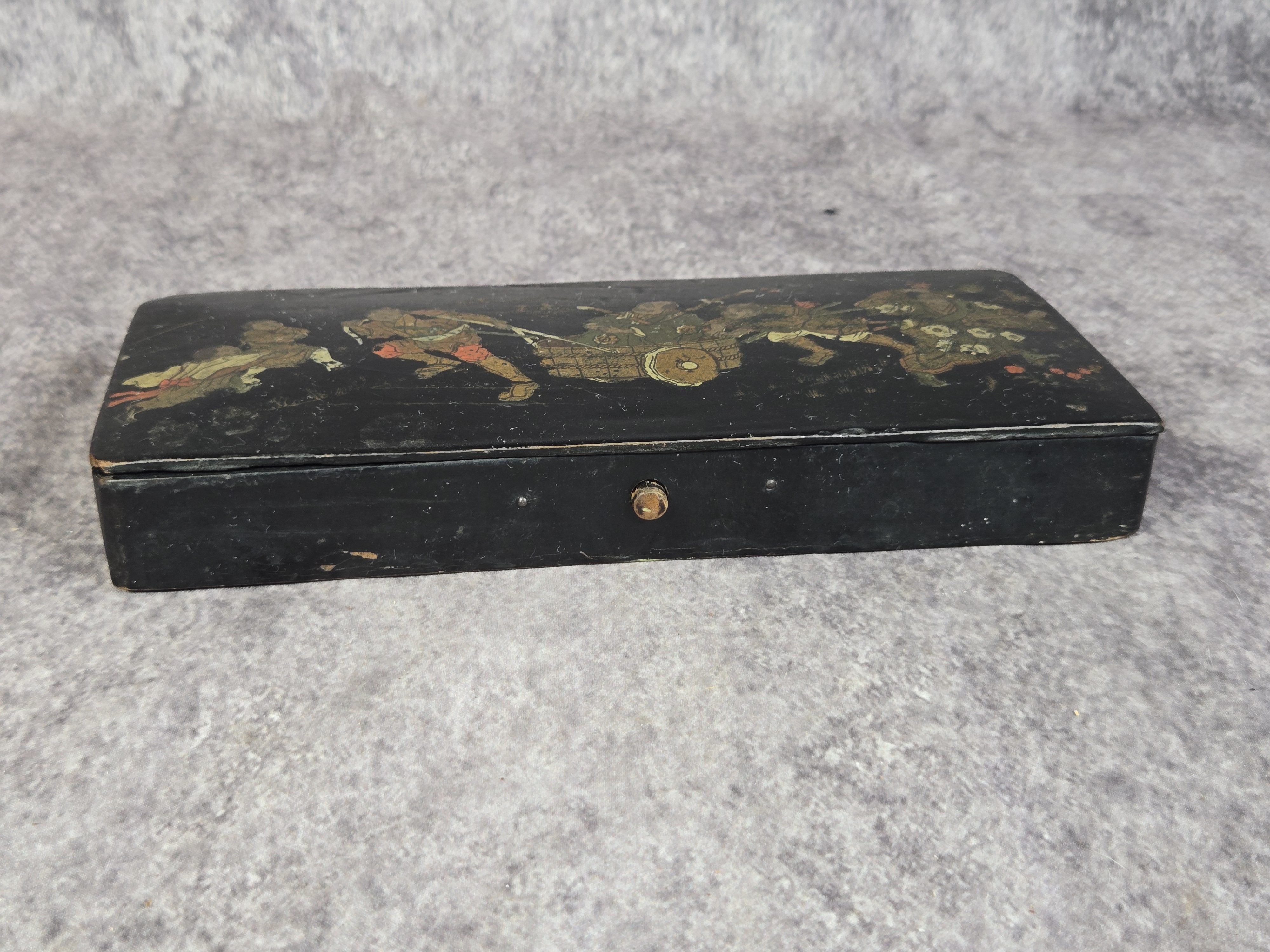 Late Edo to Meiji Period Japanese Black Lacquer Narrative Stationery Box