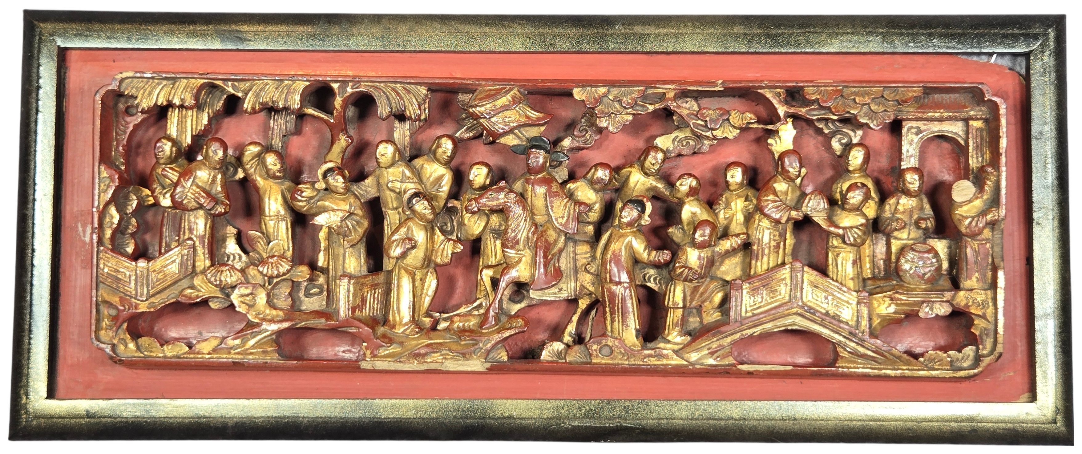 Chinese Gilt and Red Lacquer Deep Relief Carved Wood Panel