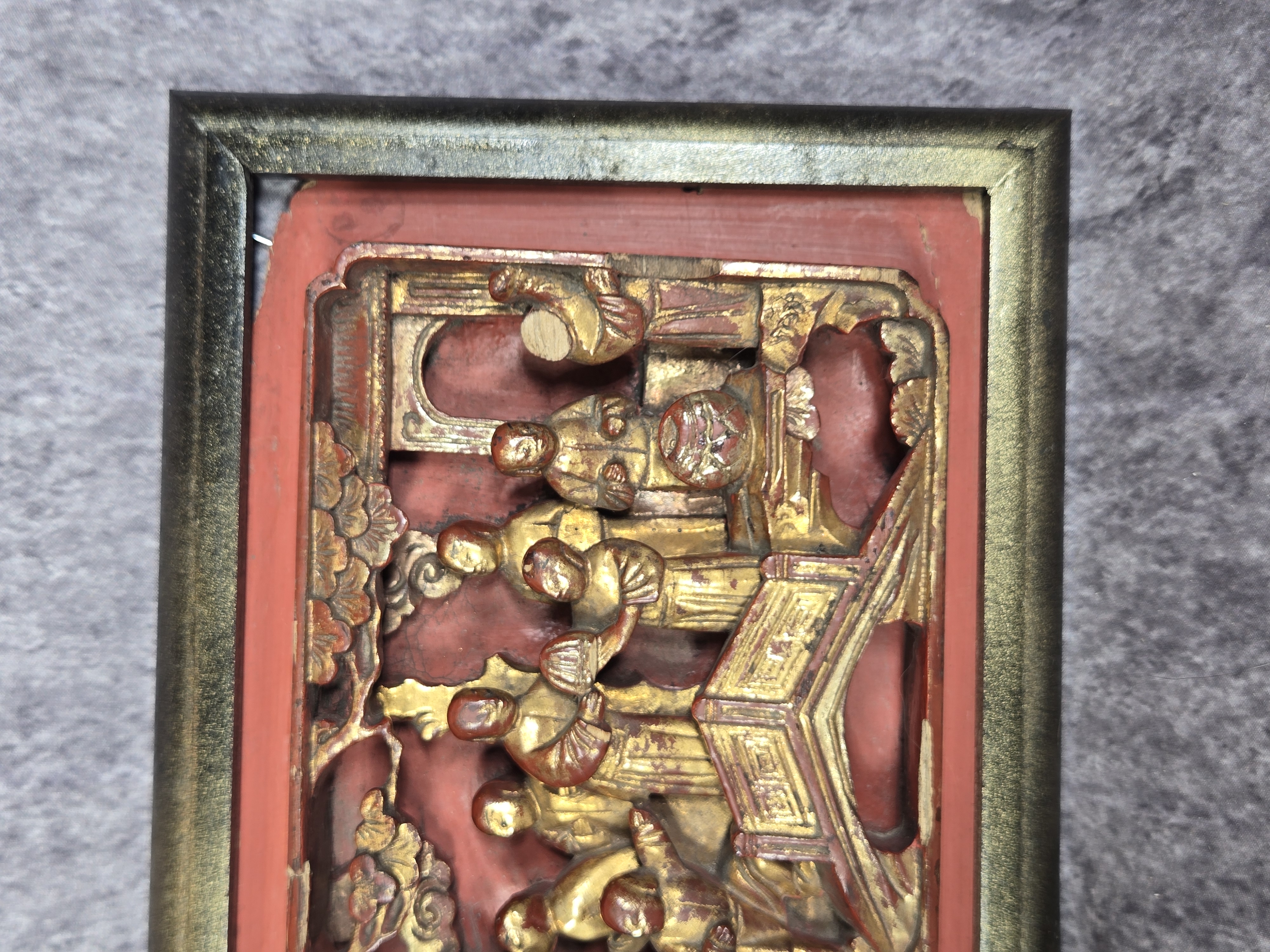 Chinese Gilt and Red Lacquer Deep Relief Carved Wood Panel