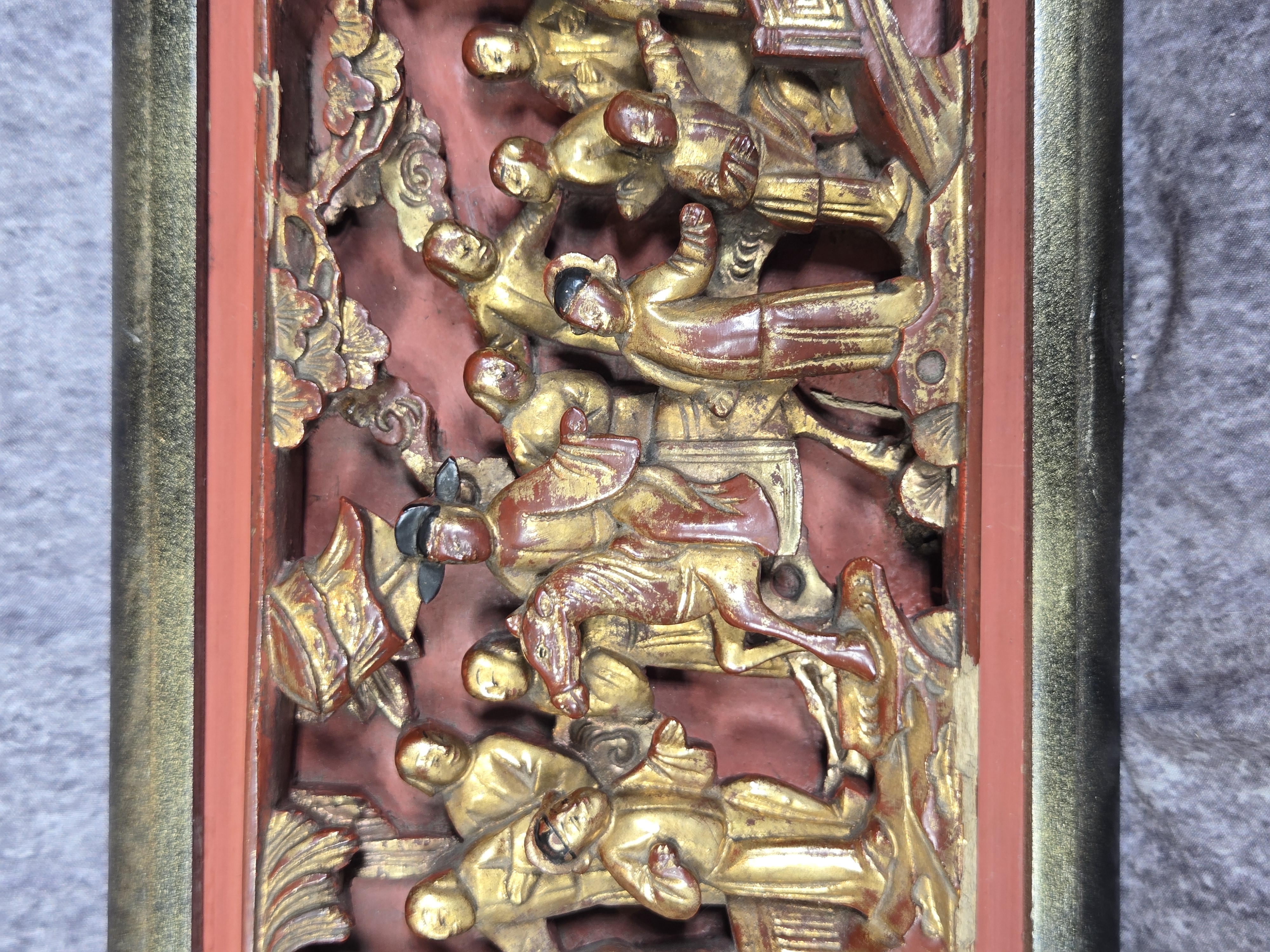 Chinese Gilt and Red Lacquer Deep Relief Carved Wood Panel