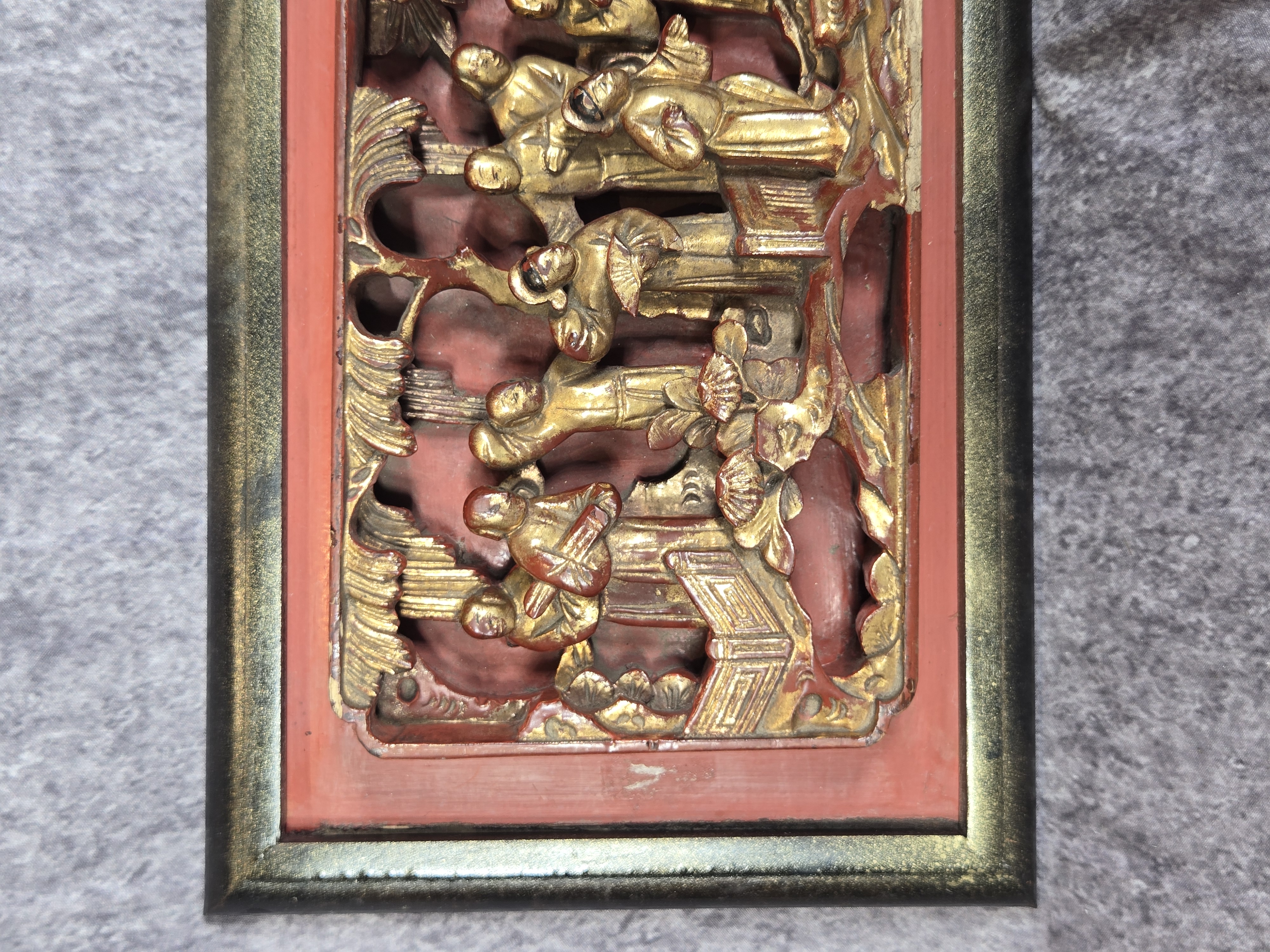 Chinese Gilt and Red Lacquer Deep Relief Carved Wood Panel