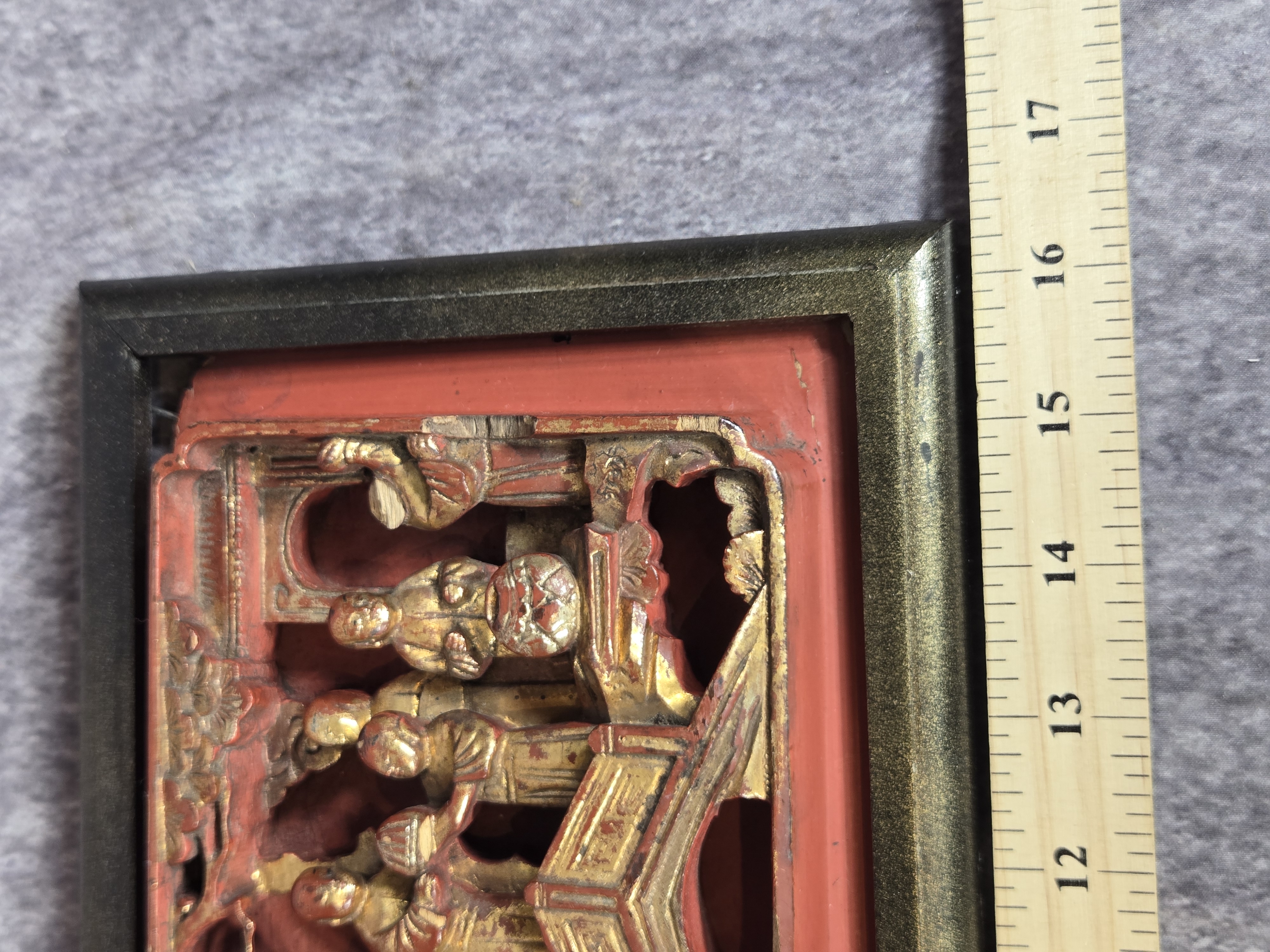 Chinese Gilt and Red Lacquer Deep Relief Carved Wood Panel