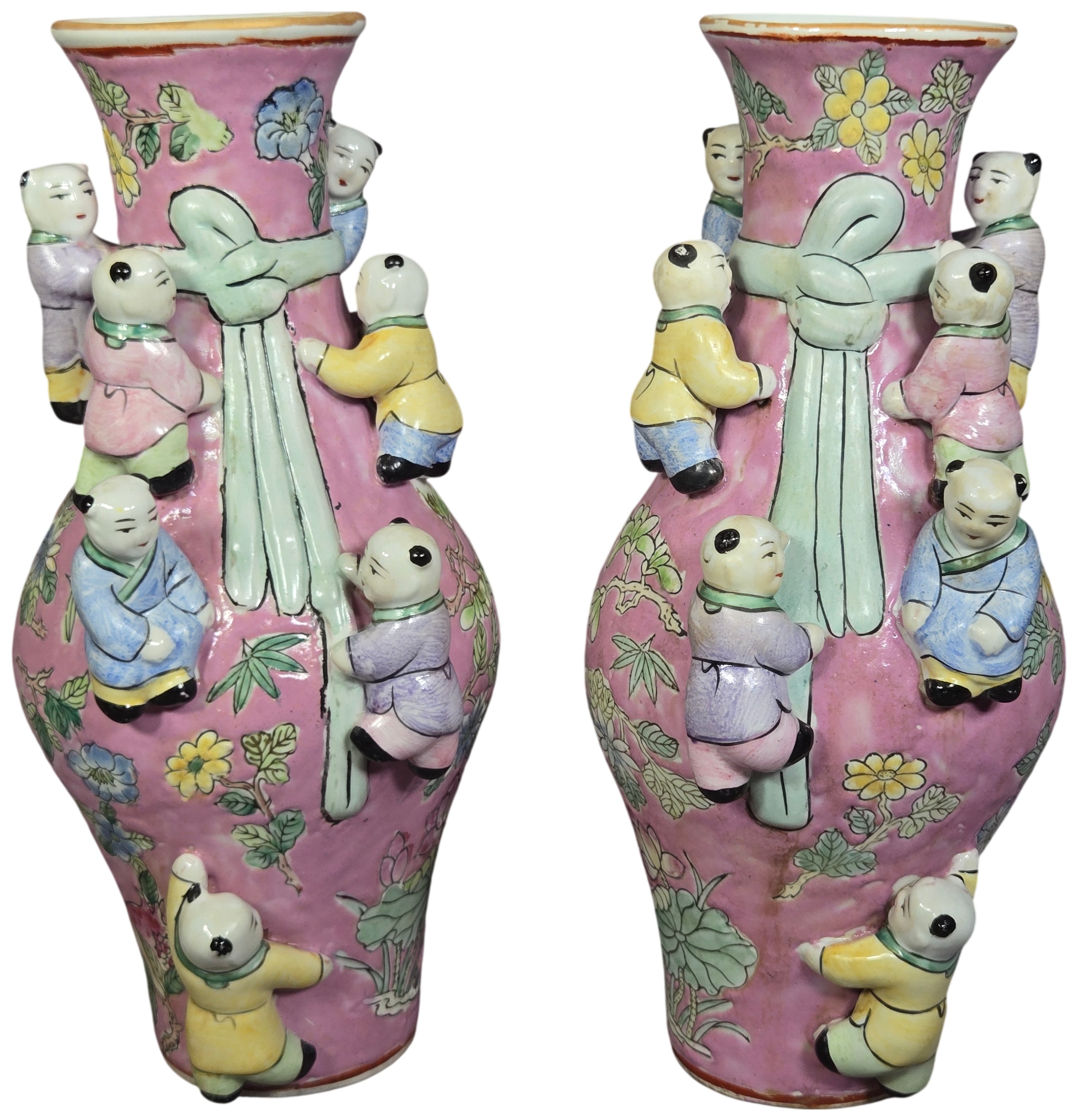A Pair of Chinese Polychrome Porcelain Fertility Vases