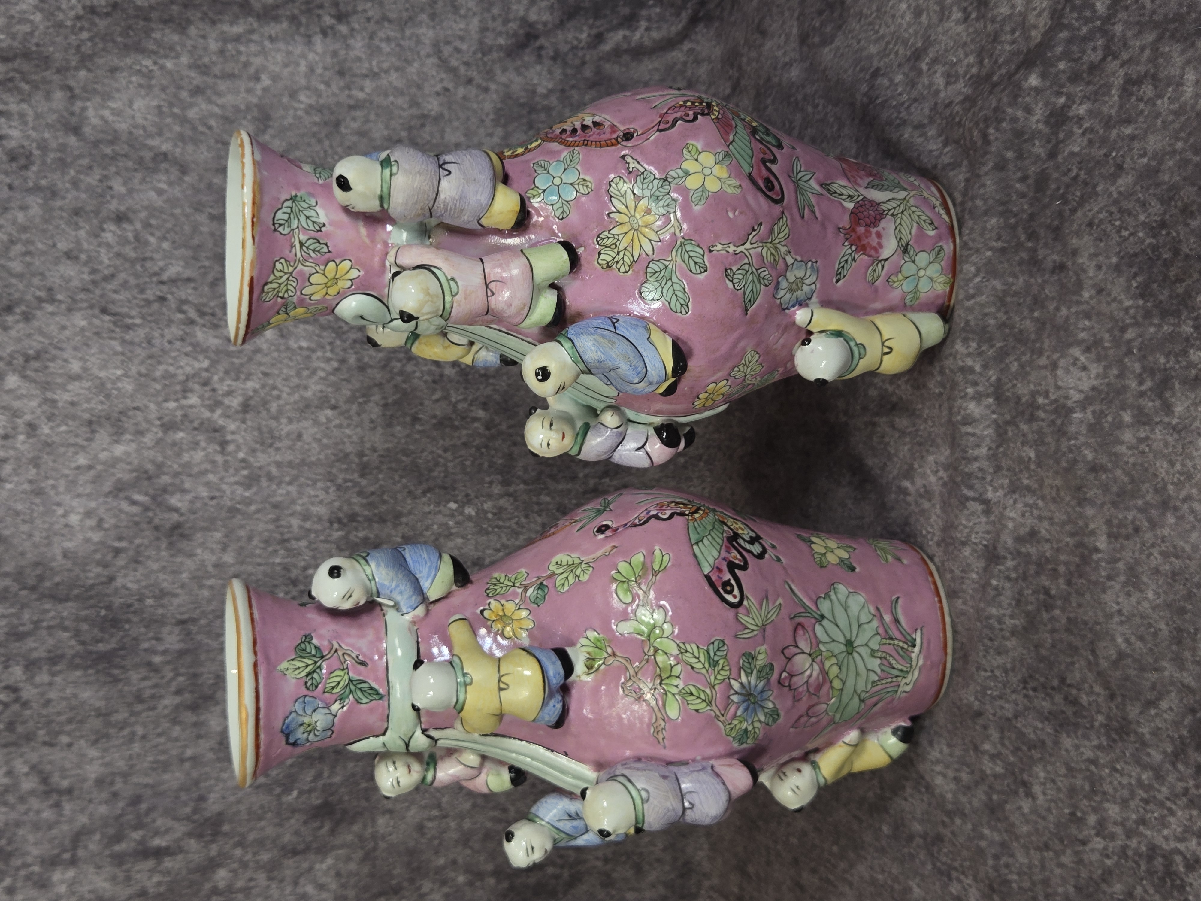 A Pair of Chinese Polychrome Porcelain Fertility Vases