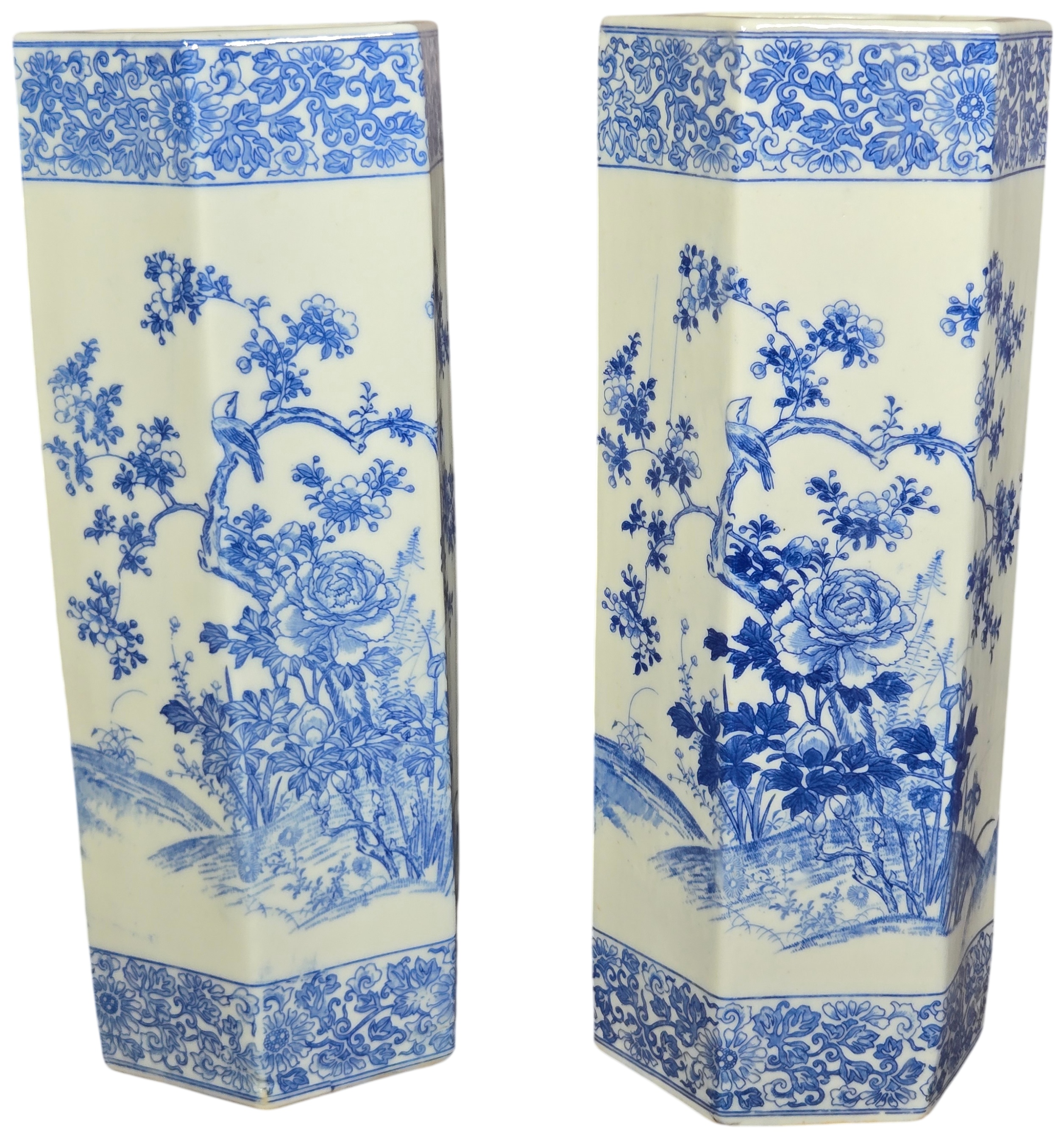 A Pair of Chinese Blue and White Porcelain Hexagonal Vases