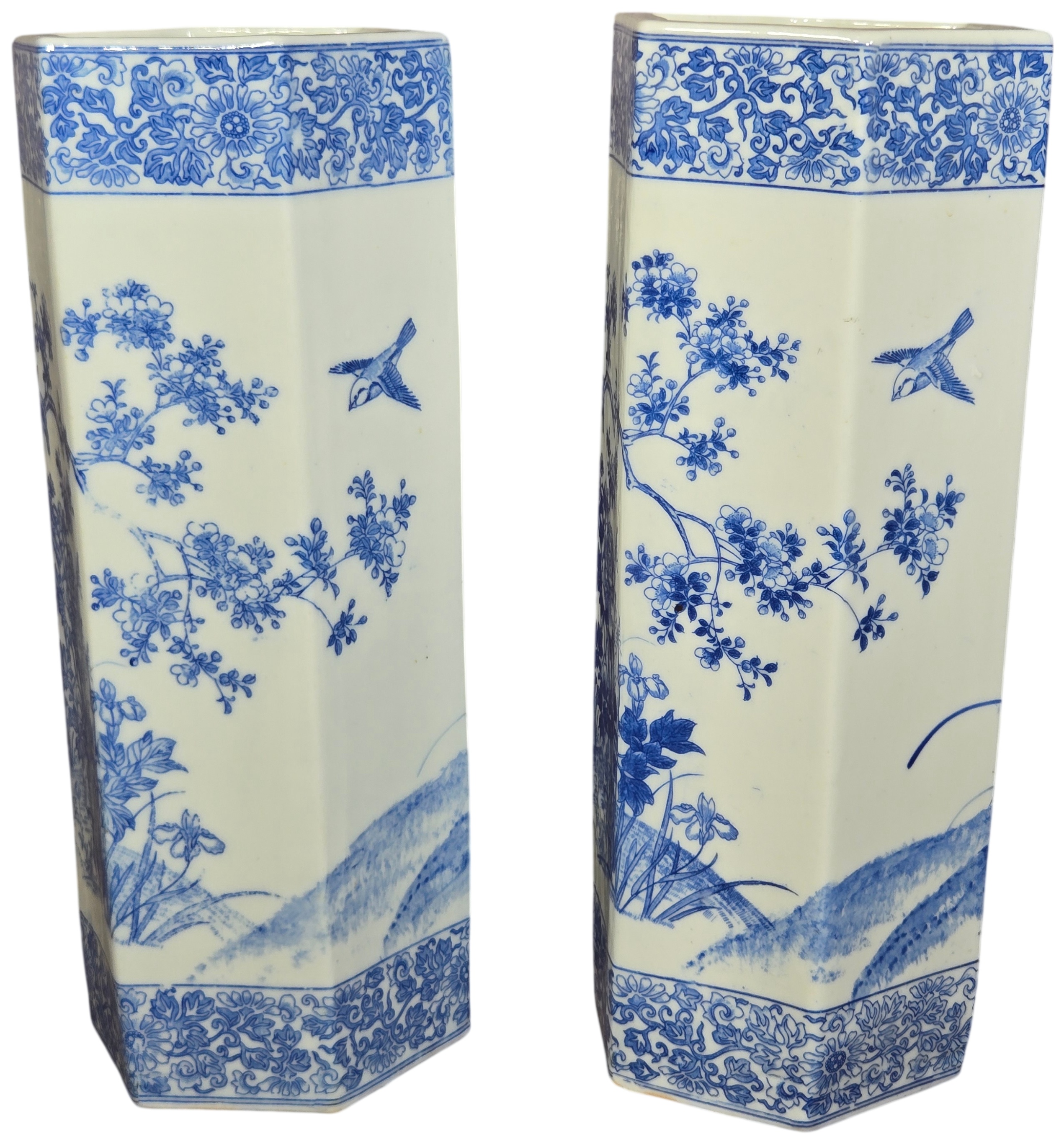 A Pair of Chinese Blue and White Porcelain Hexagonal Vases