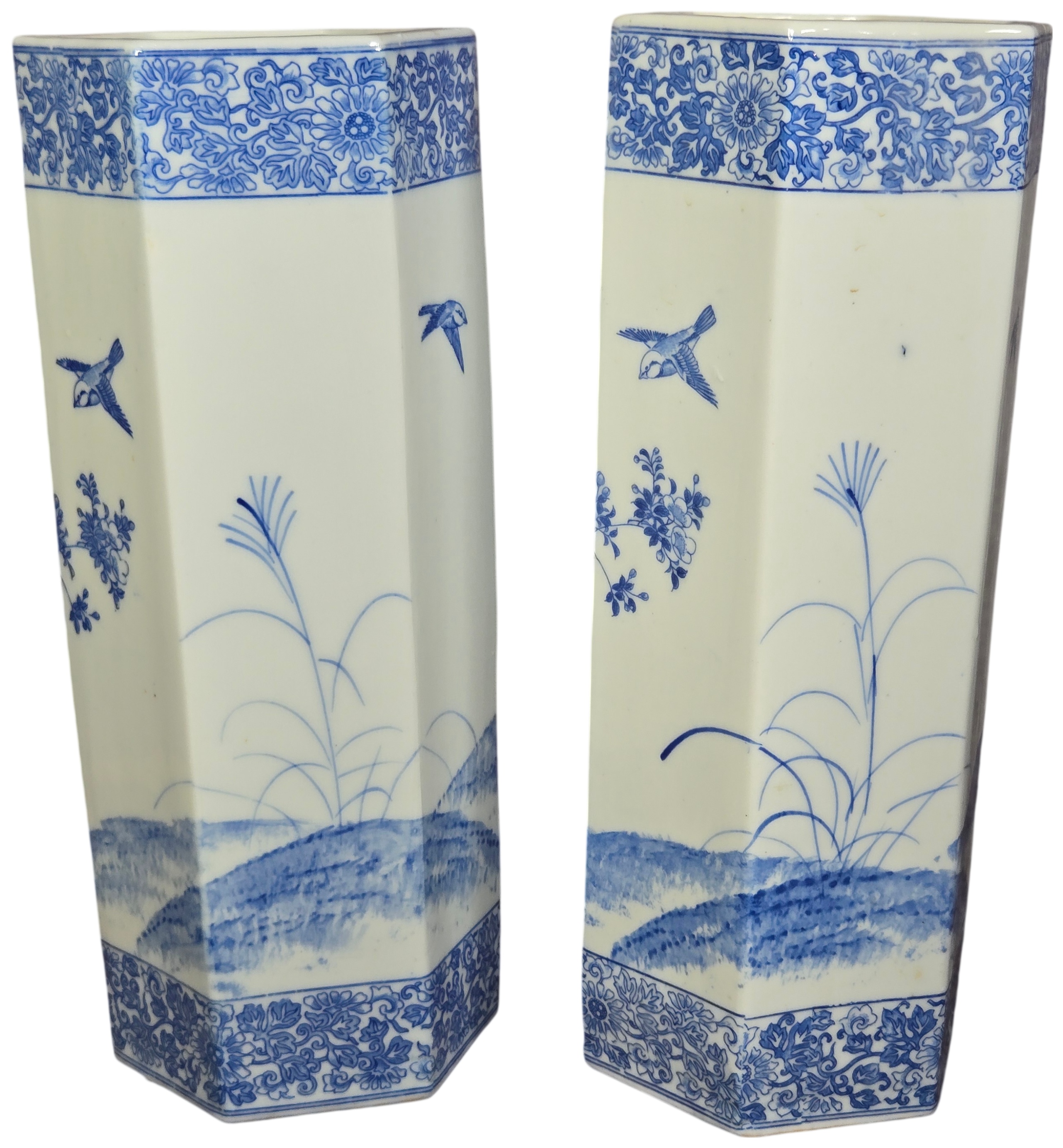A Pair of Chinese Blue and White Porcelain Hexagonal Vases