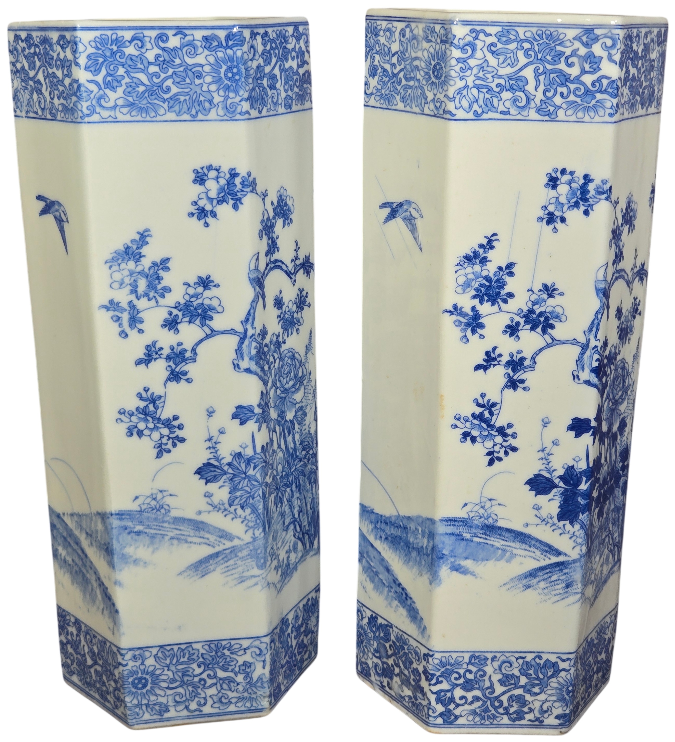 A Pair of Chinese Blue and White Porcelain Hexagonal Vases