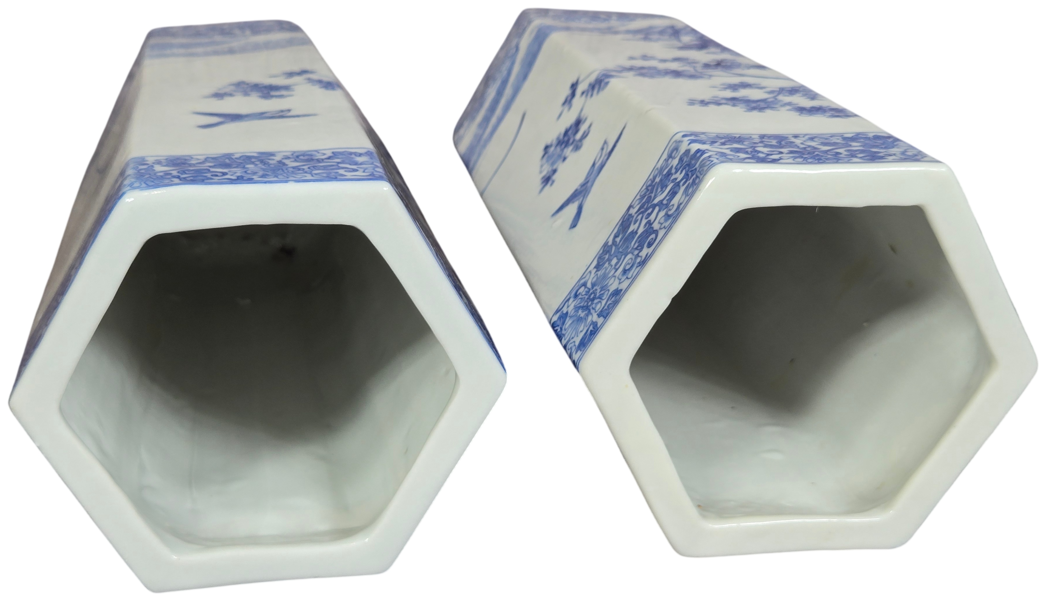 A Pair of Chinese Blue and White Porcelain Hexagonal Vases
