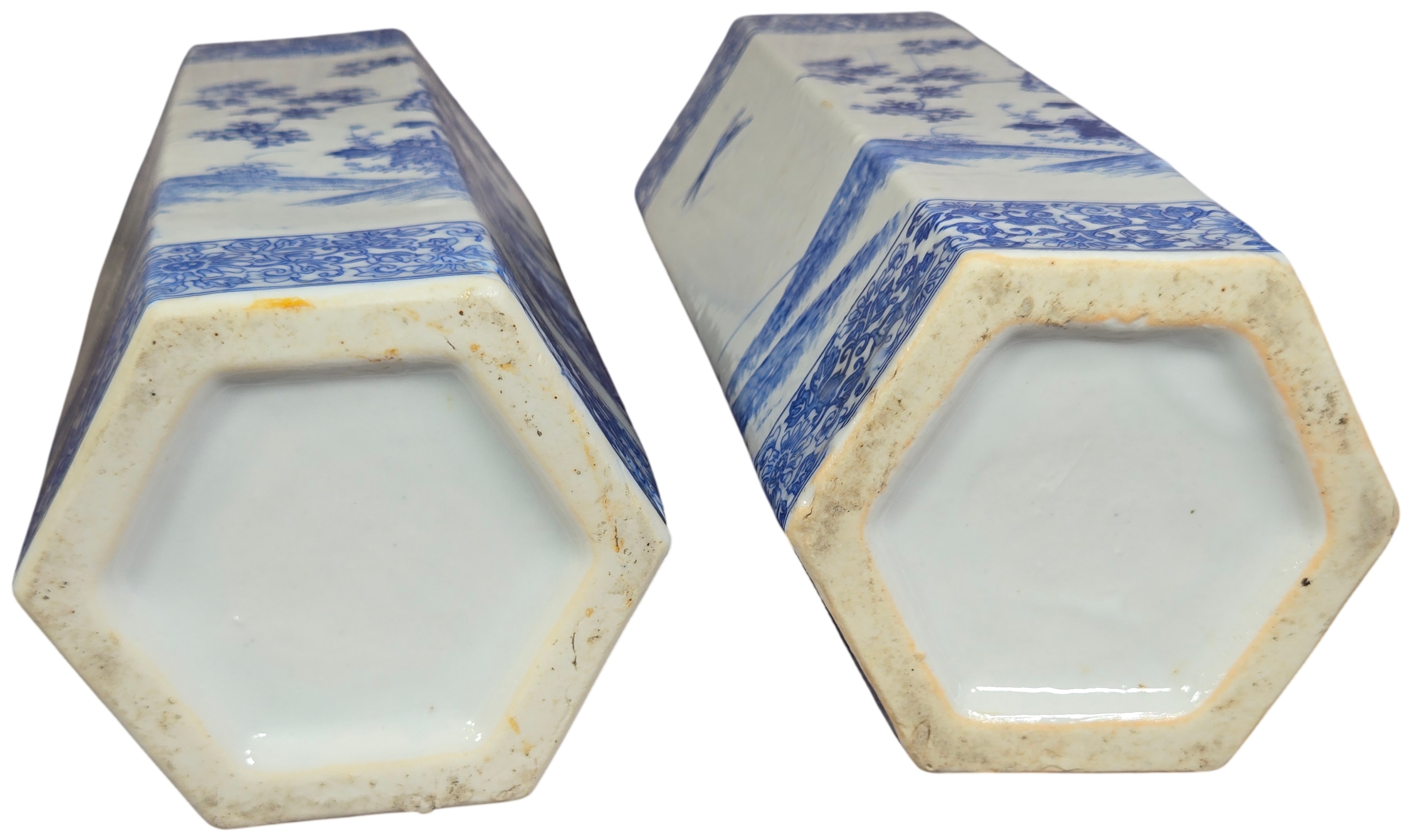 A Pair of Chinese Blue and White Porcelain Hexagonal Vases