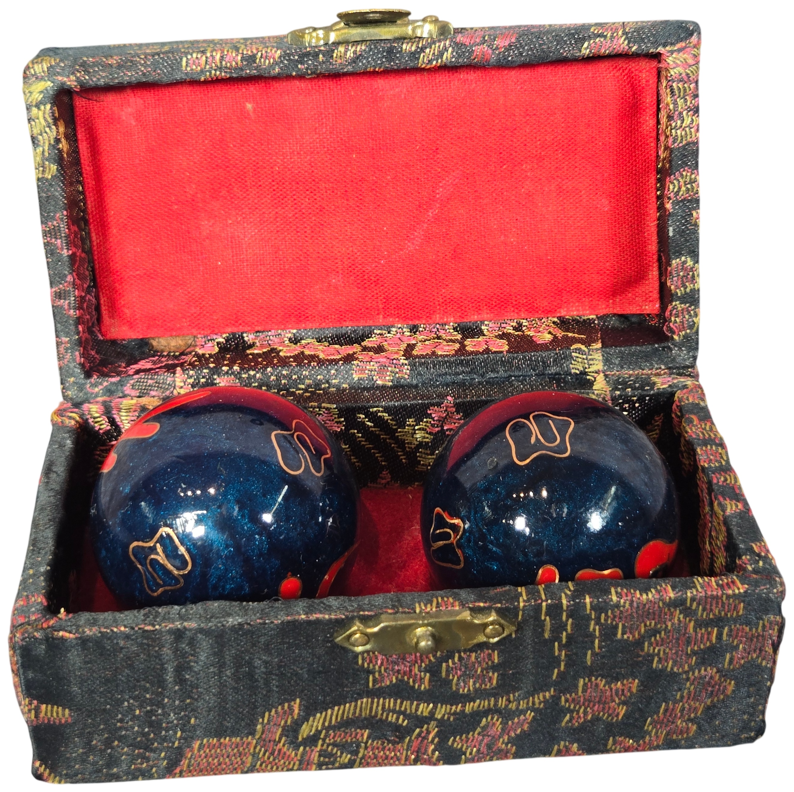 A Pair of Chinese Enamel Baoding Chime Balls in a Brocade Box