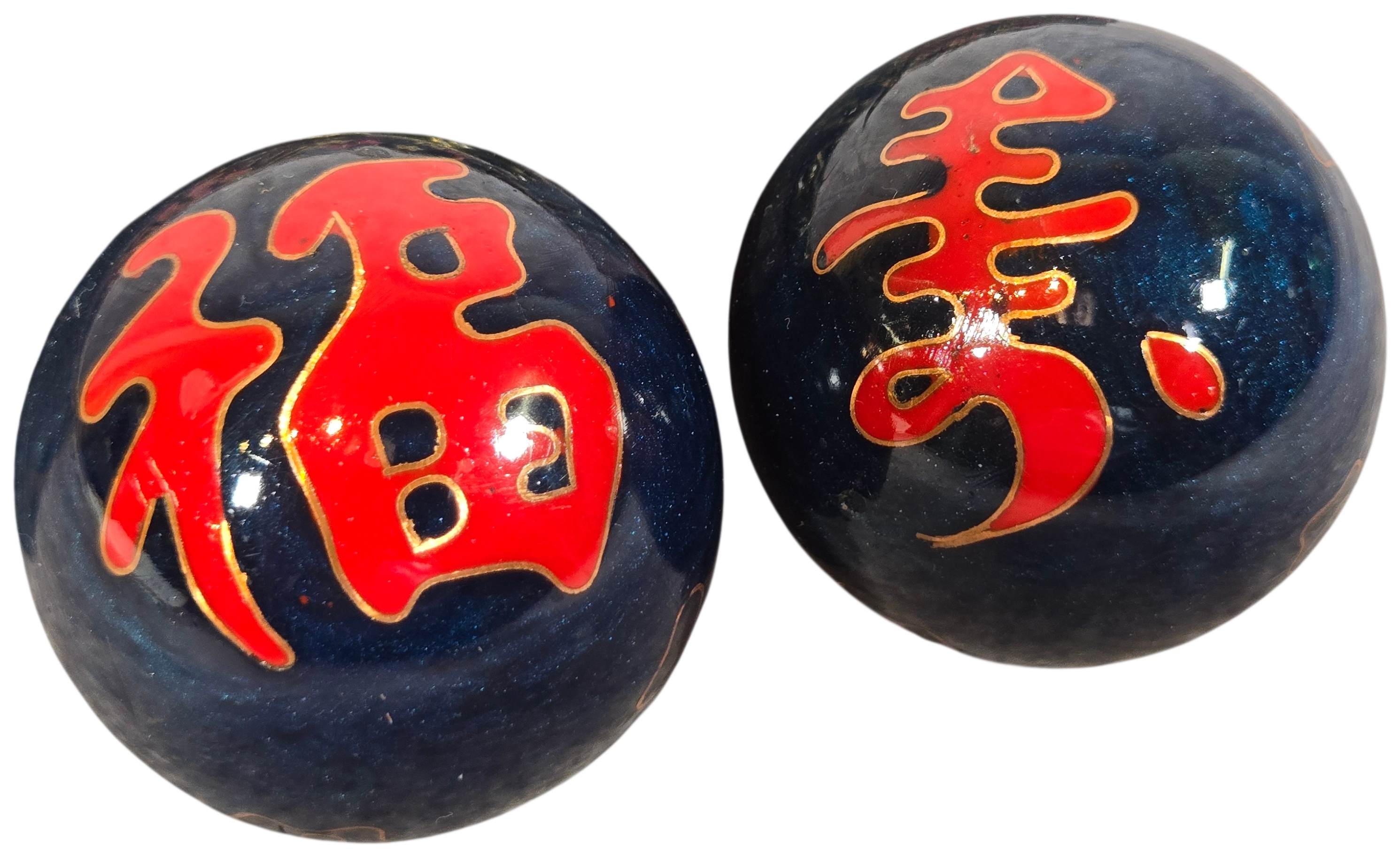 A Pair of Chinese Enamel Baoding Chime Balls in a Brocade Box
