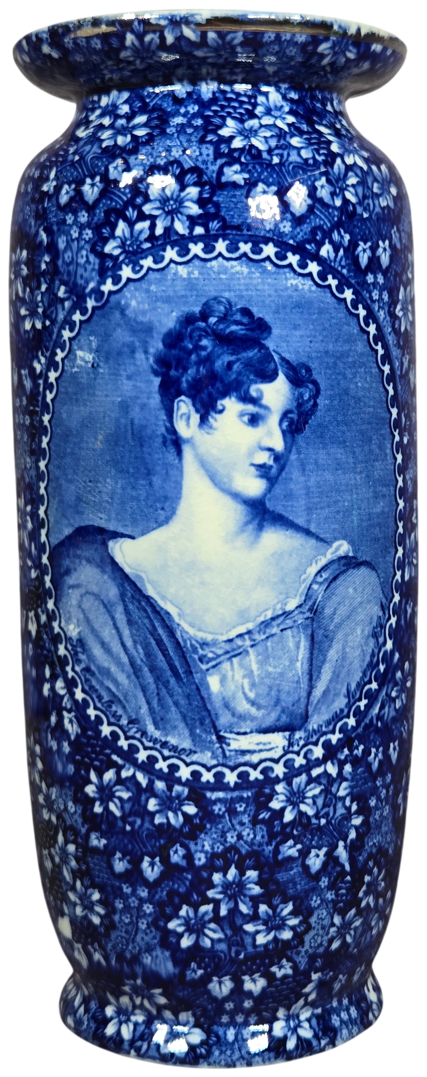 Empire Porcelain Co. English Blue and White Transferware Portrait Bud Vase