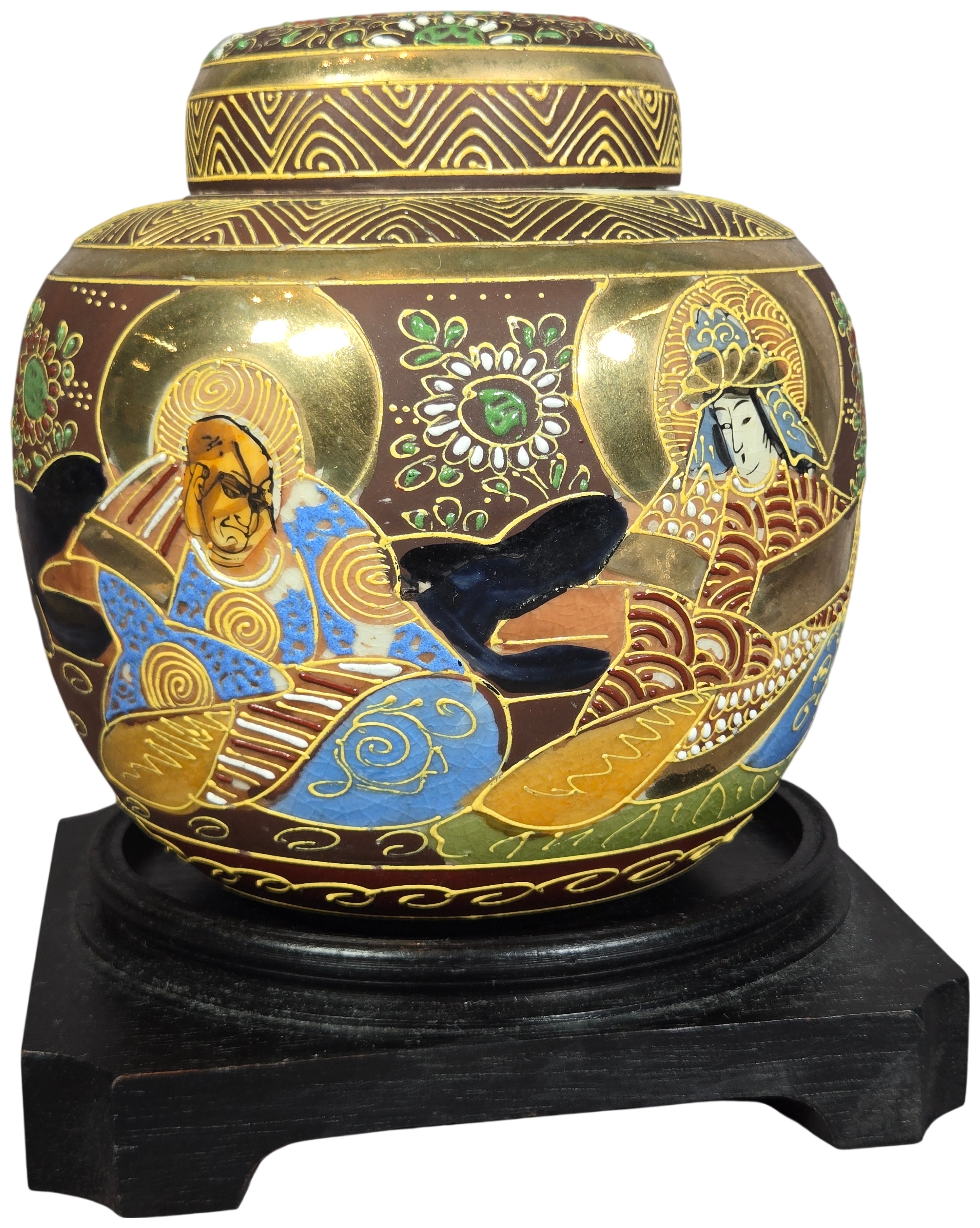 Japanese Satsuma Moriage Earthenware Ginger Jar with Original Lid and Stand
