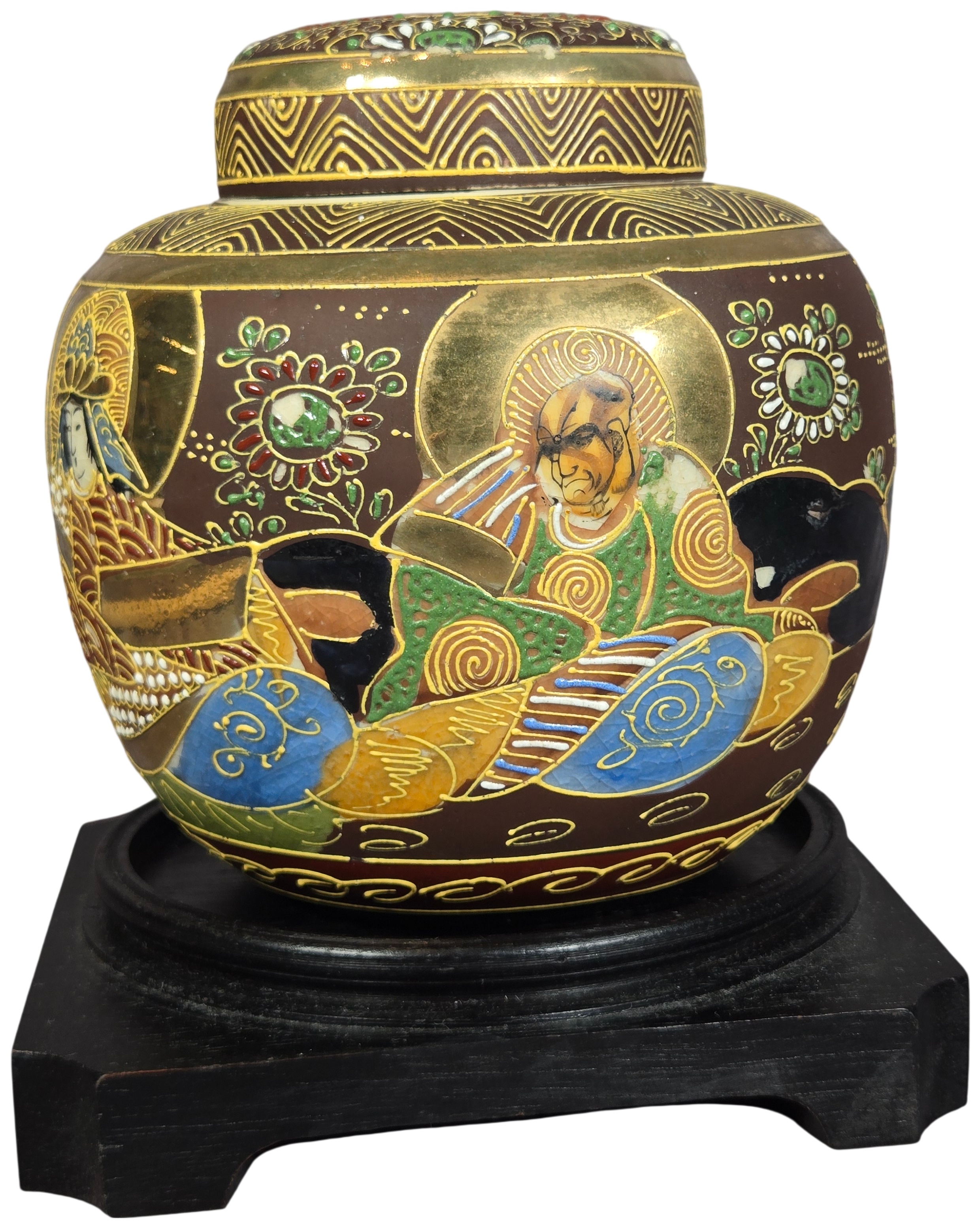 Japanese Satsuma Moriage Earthenware Ginger Jar with Original Lid and Stand