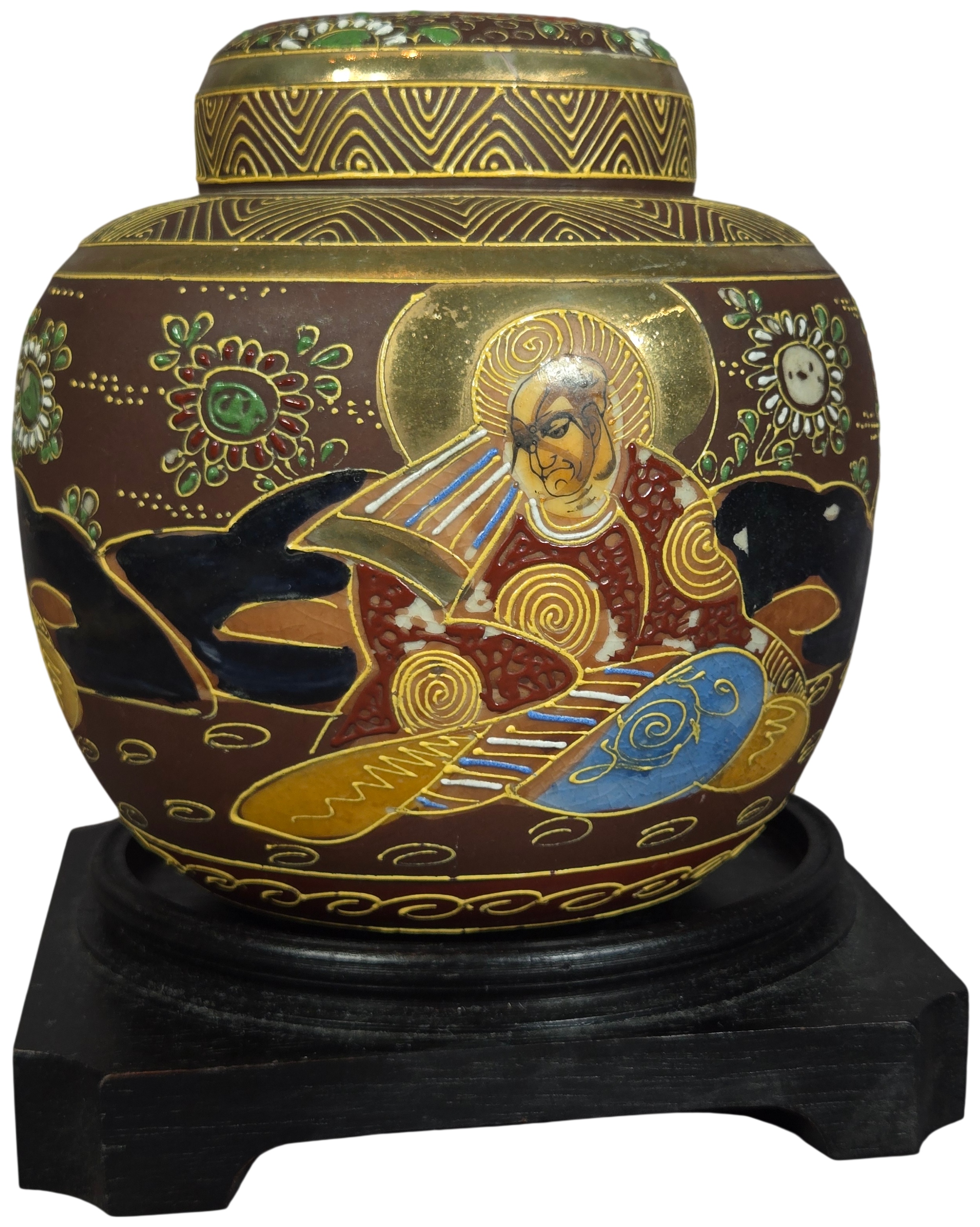 Japanese Satsuma Moriage Earthenware Ginger Jar with Original Lid and Stand