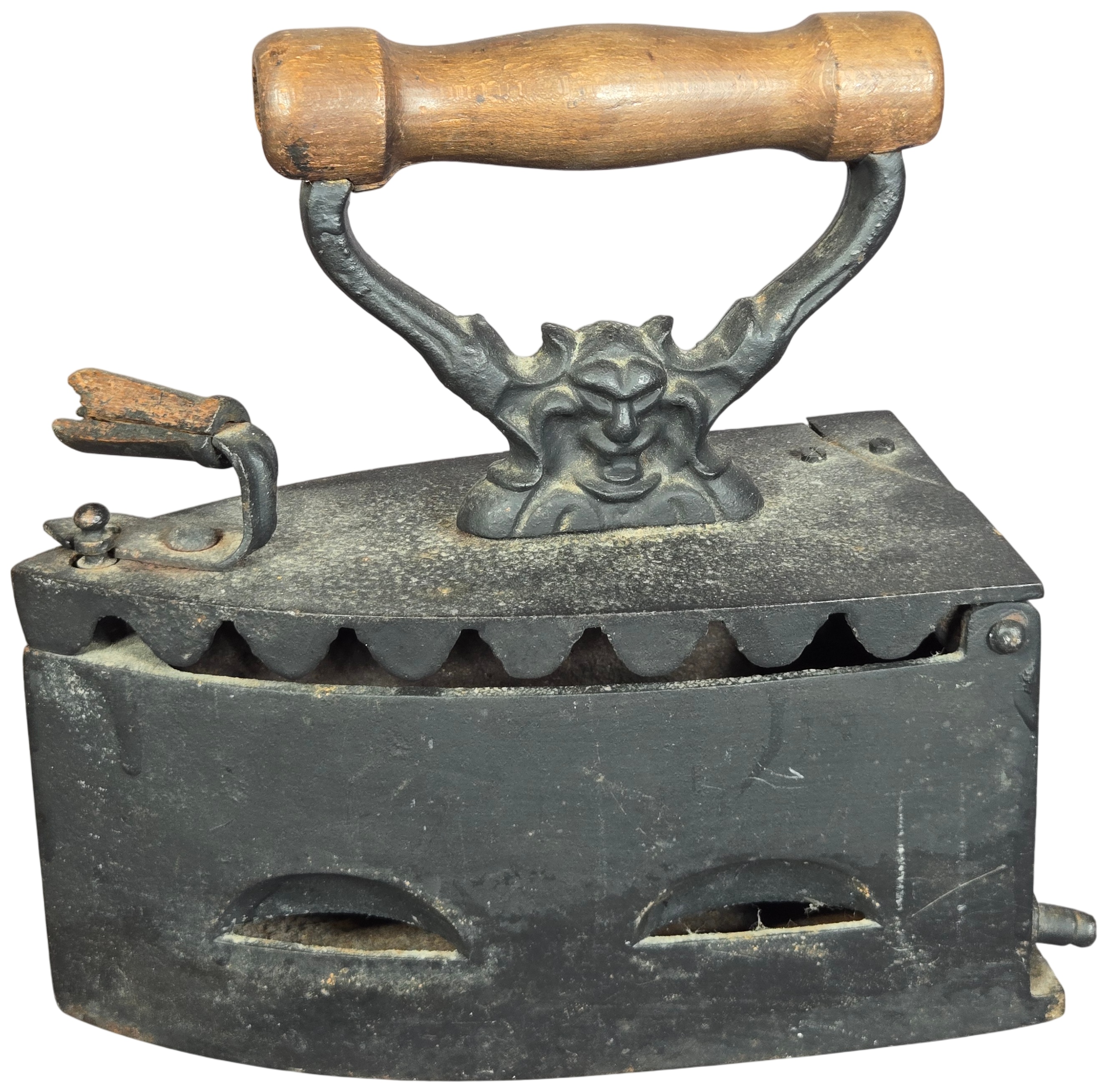 European Charcoal Heated Cast Iron Flatiron with Gargoyle Handle Support