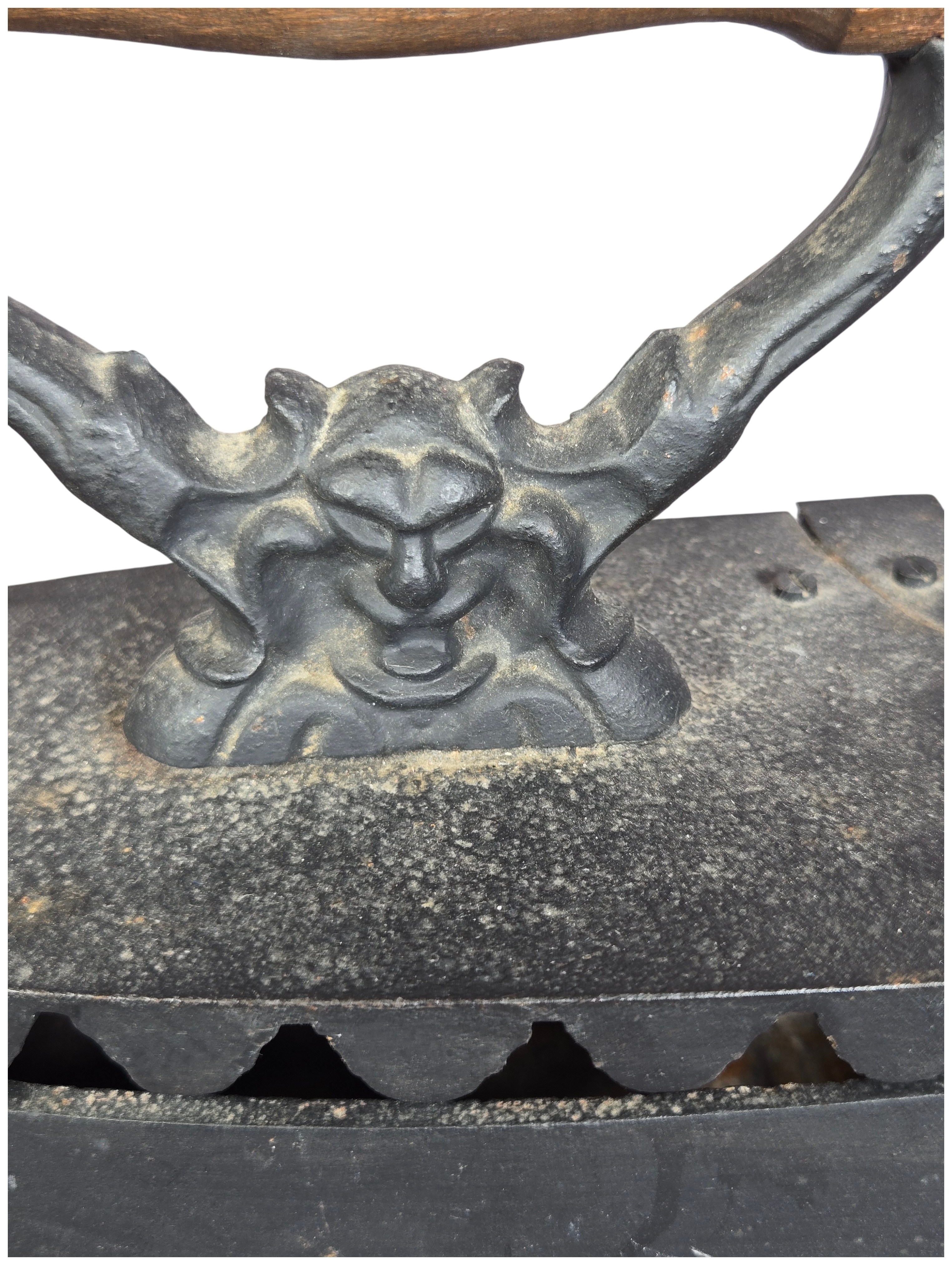 European Charcoal Heated Cast Iron Flatiron with Gargoyle Handle Support